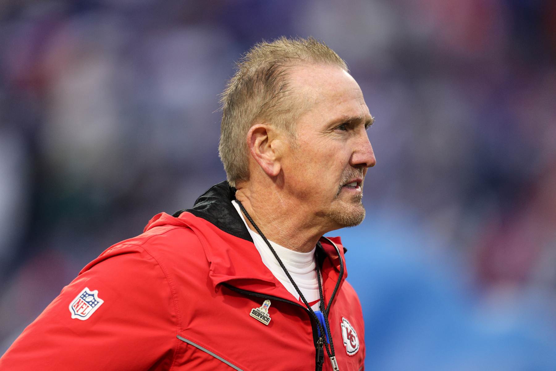 ORCHARD PARK, NEW YORK - NOVEMBER 17: Defensive Coordinator Steve Spagnuolo of the Kansas City Chiefs looks on prior to a game against the Buffalo Bills at Highmark Stadium on November 17, 2024 in Orchard Park, New York. (Photo by Bryan Bennett/Getty Images)