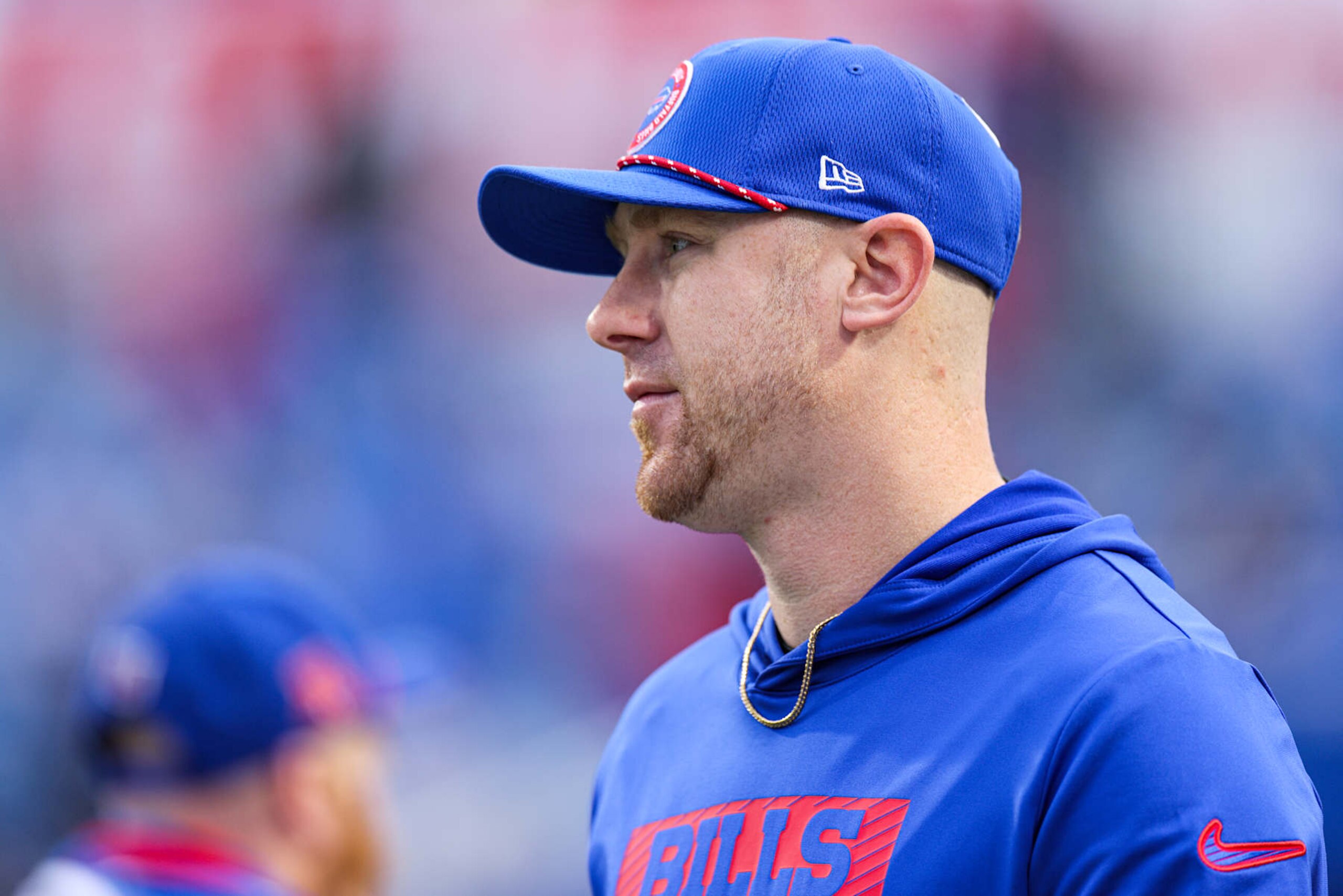 ORCHARD PARK, NEW YORK - DECEMBER 29: Offensive Coordinator Joe Brady of the Buffalo Bills looks on prior to a game against the New York Jets at Highmark Stadium on December 29, 2024 in Orchard Park, New York. (Photo by Bryan Bennett/Getty Images) ORCHARD PARK, NEW YORK - DECEMBER 29: Offensive Coordinator Joe Brady of the Buffalo Bills looks on prior to a game against the New York Jets at Highmark Stadium on December 29, 2024 in Orchard Park, New York. (Photo by Bryan Bennett/Getty Images)