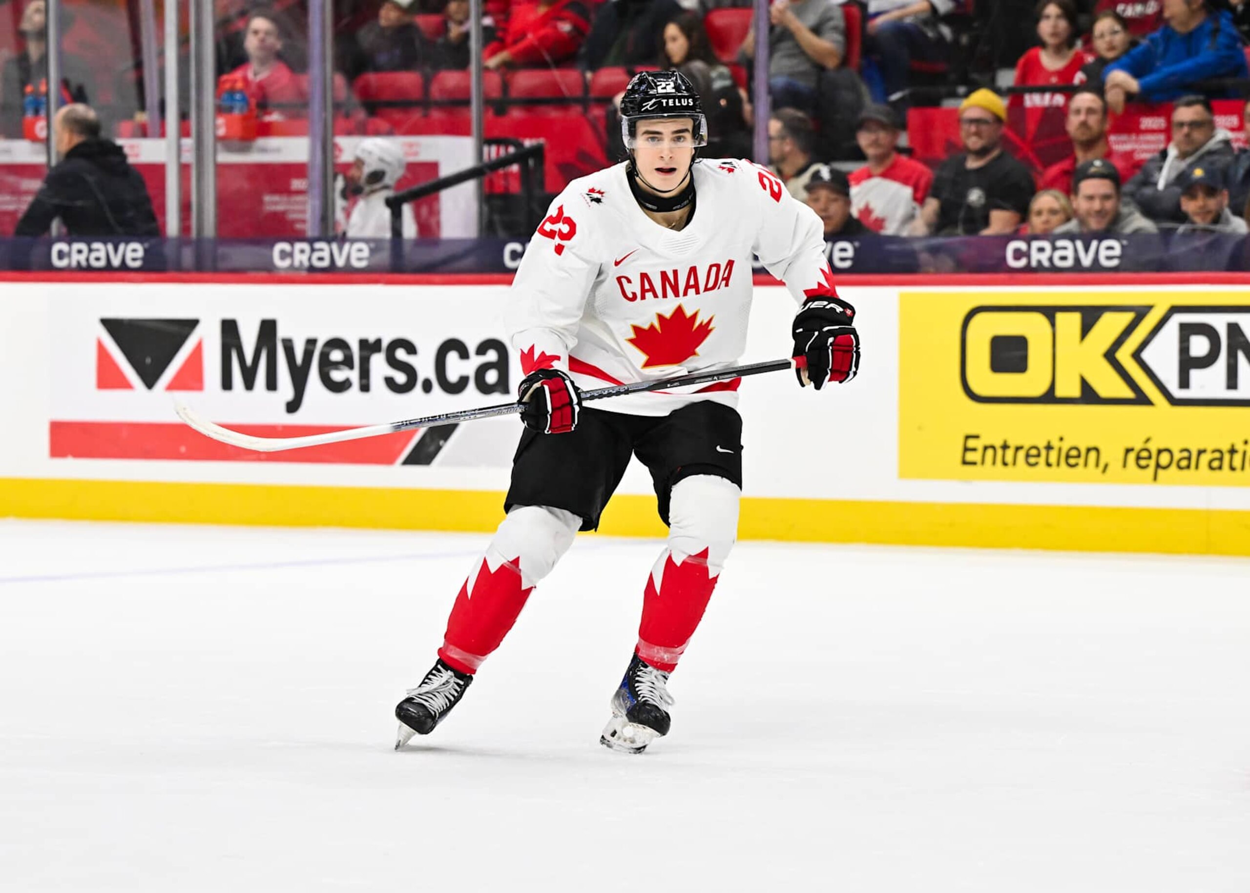 OTTAWA, CANADA - JANUARY 02:  Porter Martone #22 of Team Canada skates in the first period against Team Czechia of the quarterfinals match during the 2025 IIHF World Junior Championship at Canadian Tire Centre on January 2, 2025 in Ottawa, Ontario, Canada.  Team Czechia defeated Team Canada 4-3.  (Photo by Minas Panagiotakis/Getty Images)