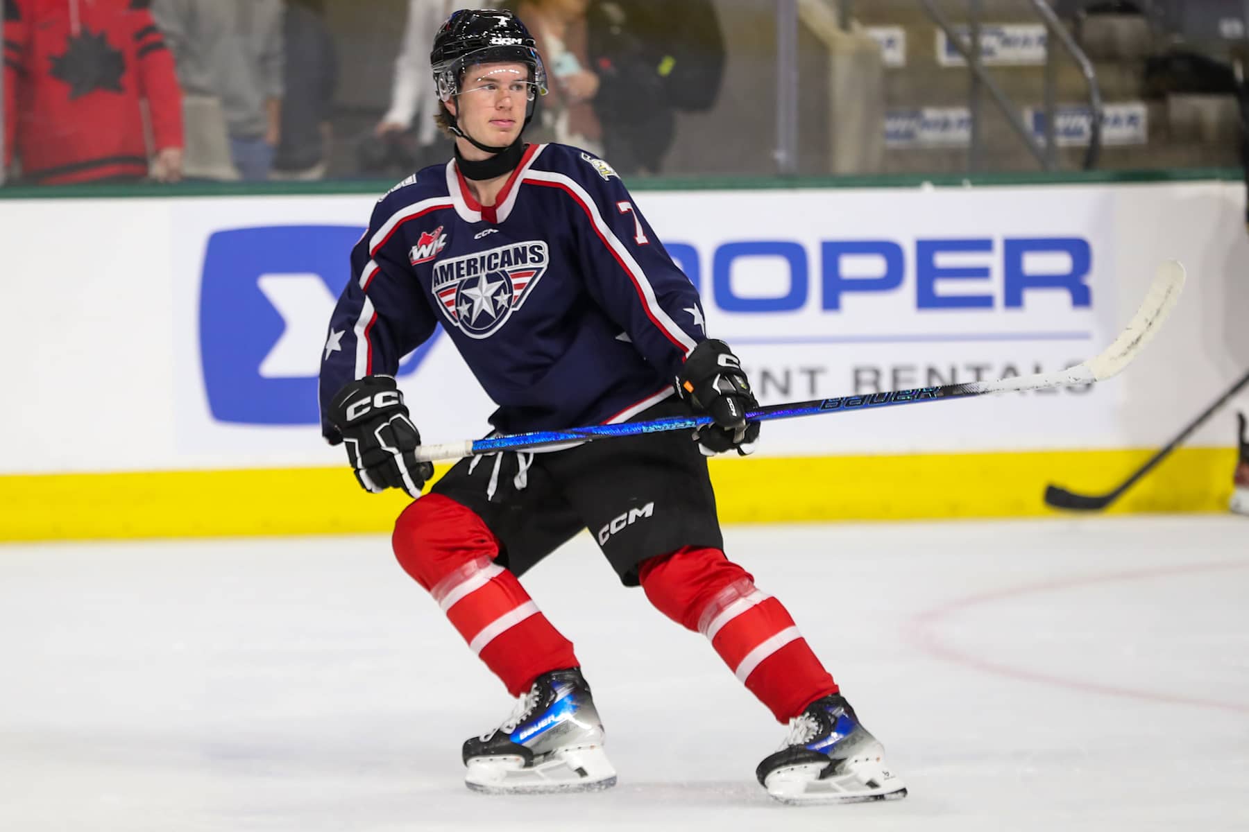 LONDON, ONTARIO - NOVEMBER 26: Defenceman Jackson Smith #7 of Team CHL warms up prior to a game against Team USA during the CHL USA Prospects Challenge at Canada Life Place on November 26, 2024 in London, Ontario. (Photo by Dennis Pajot/Getty Images)