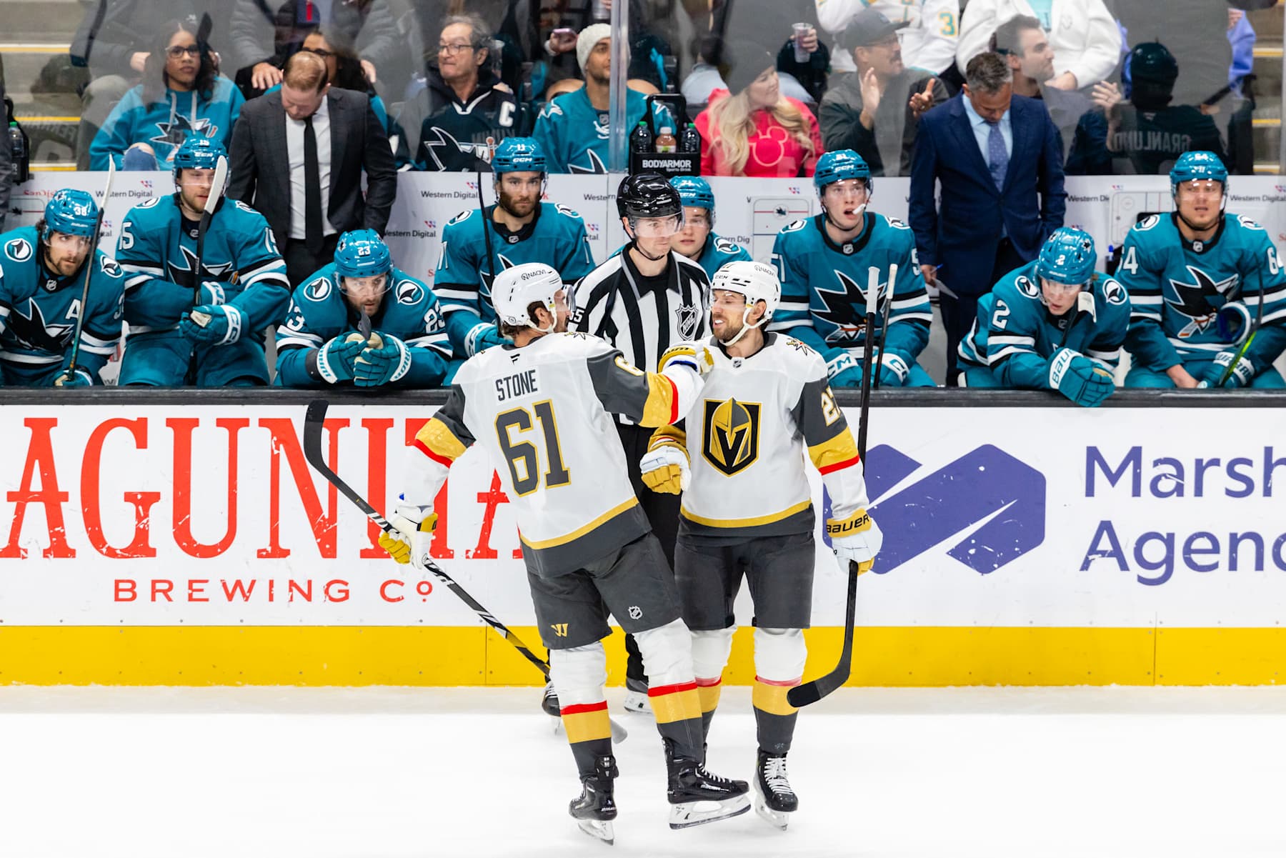 SAN JOSE, CA - JANUARY 07: Vegas Golden Knights defenseman Kaedan Korczak (6) celebrates a goal with Vegas Golden Knights defenseman Shea Theodore (27) during a NHL game against the San Jose Sharks on January 7, 2025 at SAP Center at San Jose in San Jose, CA. (Photo by Matthew Huang/Icon Sportswire via Getty Images)