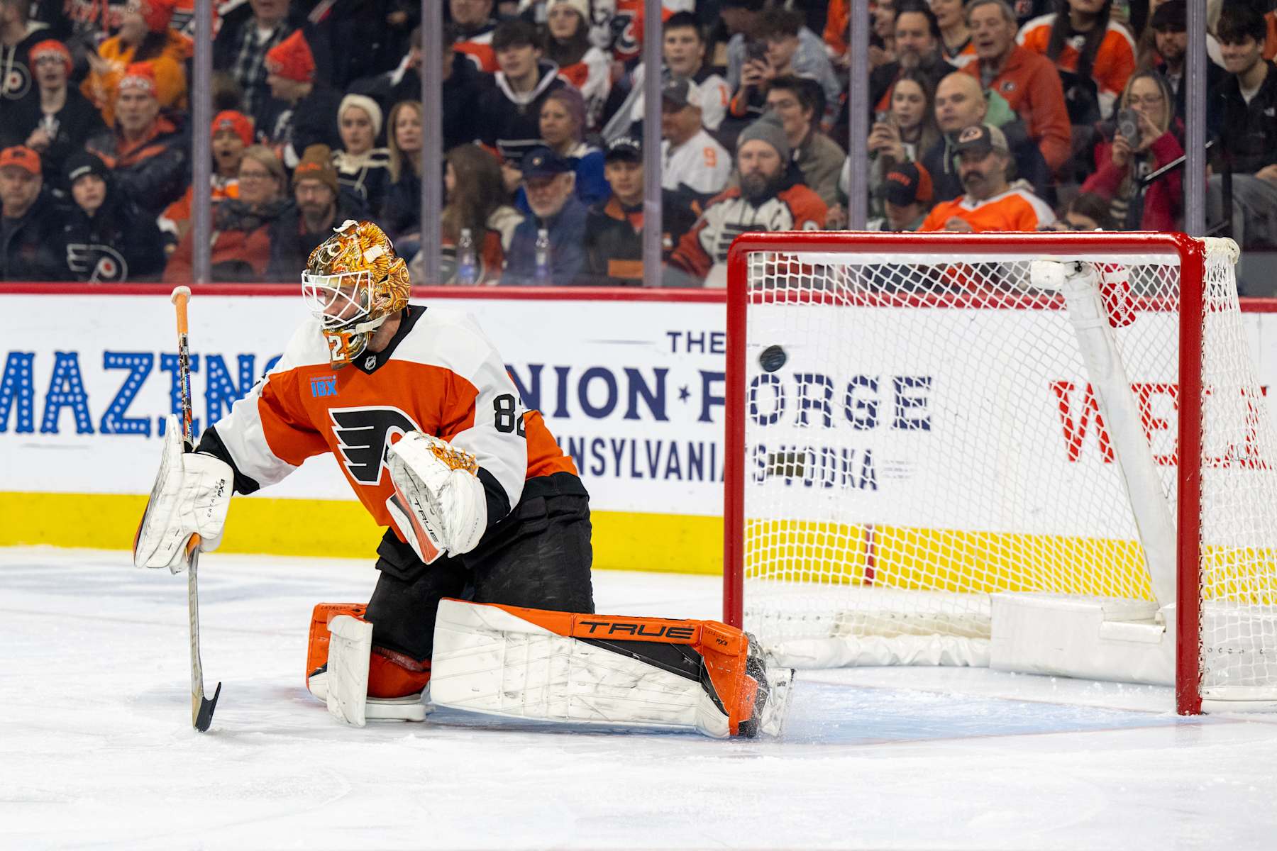 PHILADELPHIA, PA - JANUARY 07: Philadelphia Flyers goaltender Ivan Fedotov (82) deflects the puck during the game between the Toronto Maple Leafs and the Philadelphia Flyers on January 7th, 2025 at the Wells Fargo Center in Philadelphia, PA. (Photo by Terence Lewis/Icon Sportswire via Getty Images)