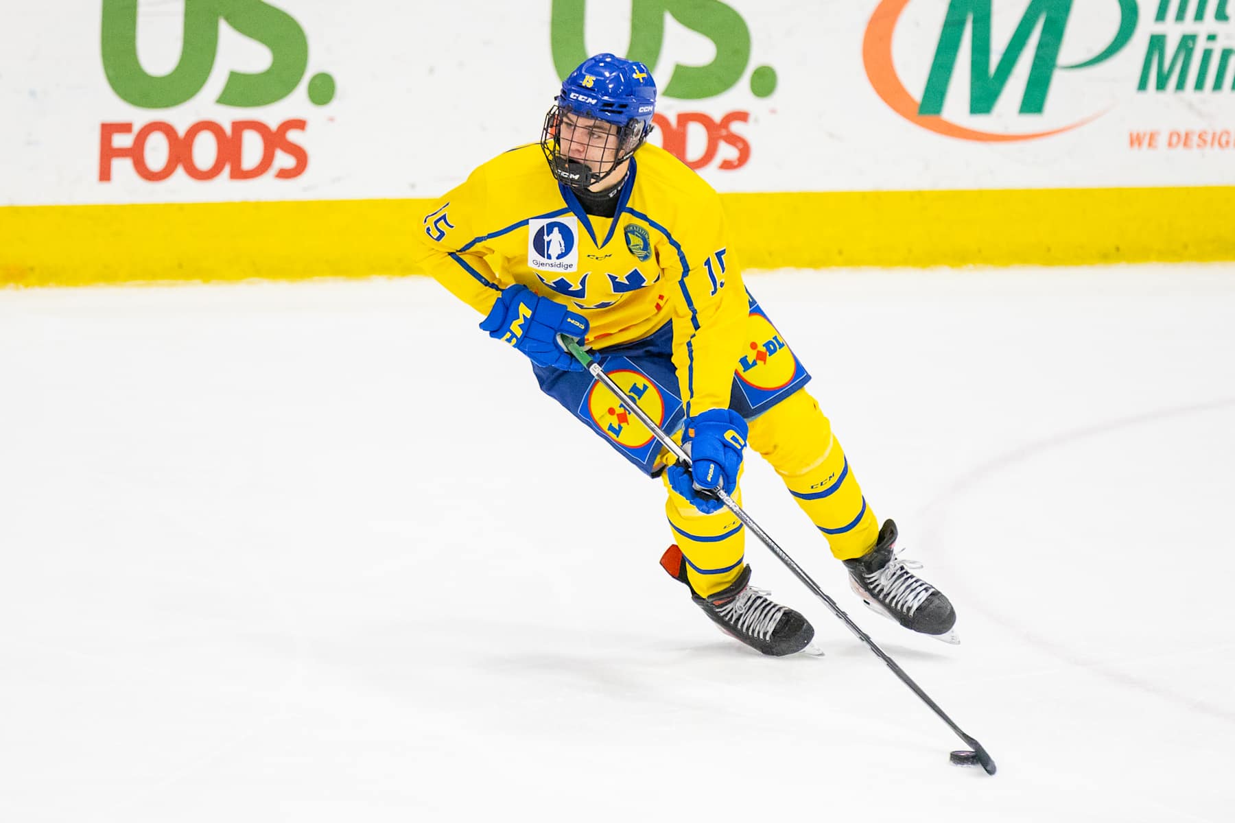 PLYMOUTH, MI - FEBRUARY 7: Anton Frondell #15 of Team Sweden skates with the puck during U18 Five Nations Tournament between Team Czechia and Team Sweden at USA Hockey Arena on February 7, 2024 in Plymouth, Michigan. (Photo by Michael Miller/ISI Photos/Getty Images)