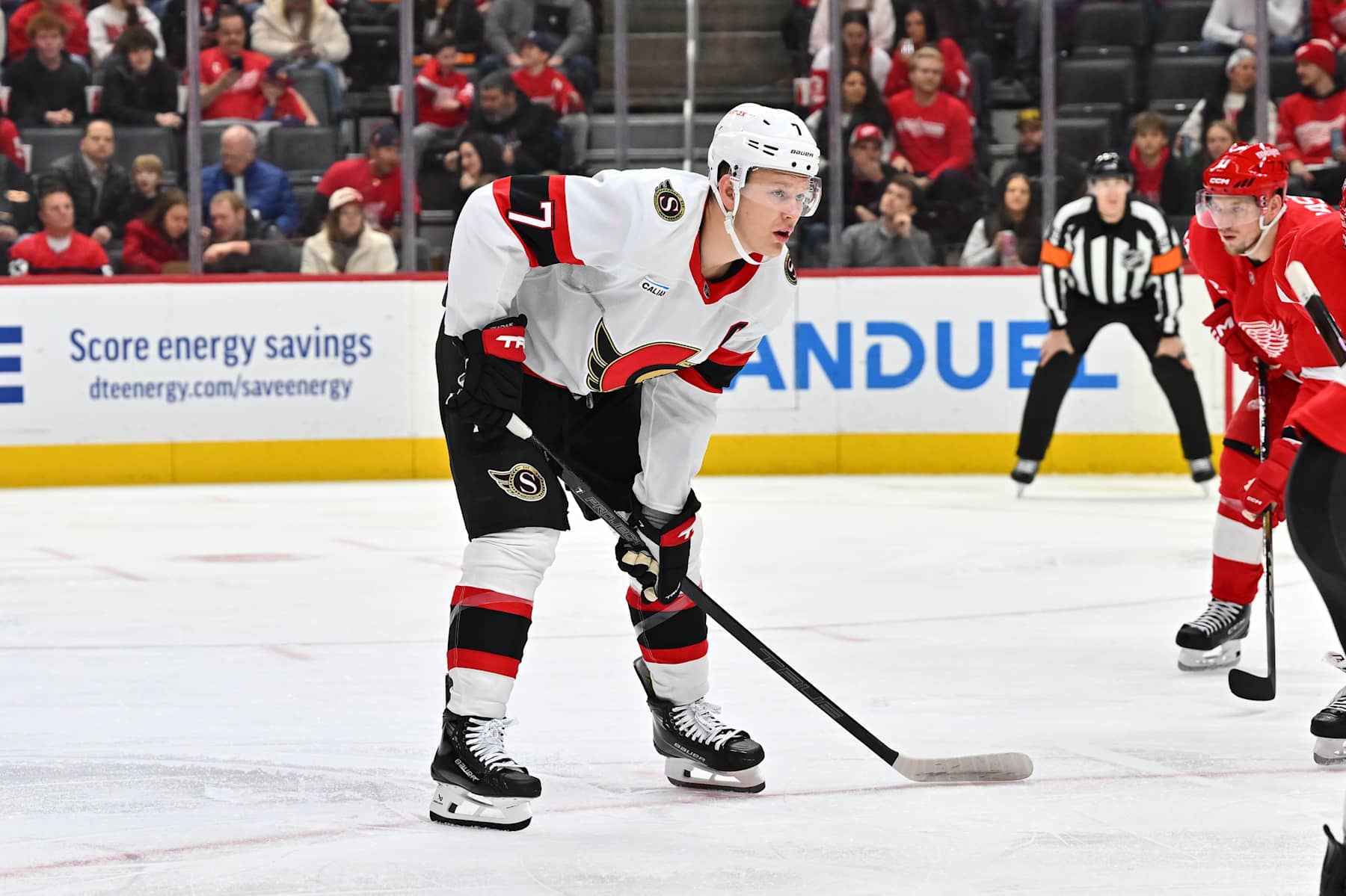 DETROIT, MI - JANUARY 07: Ottawa Senators left wing Brady Tkachuk (7) during the game between the Detroit Red Wings and the Ottawa Senators Tuesday January 7, 2025 at Little Caesars Arena in Detroit, MI. (Photo by Steven King/Icon Sportswire via Getty Images)