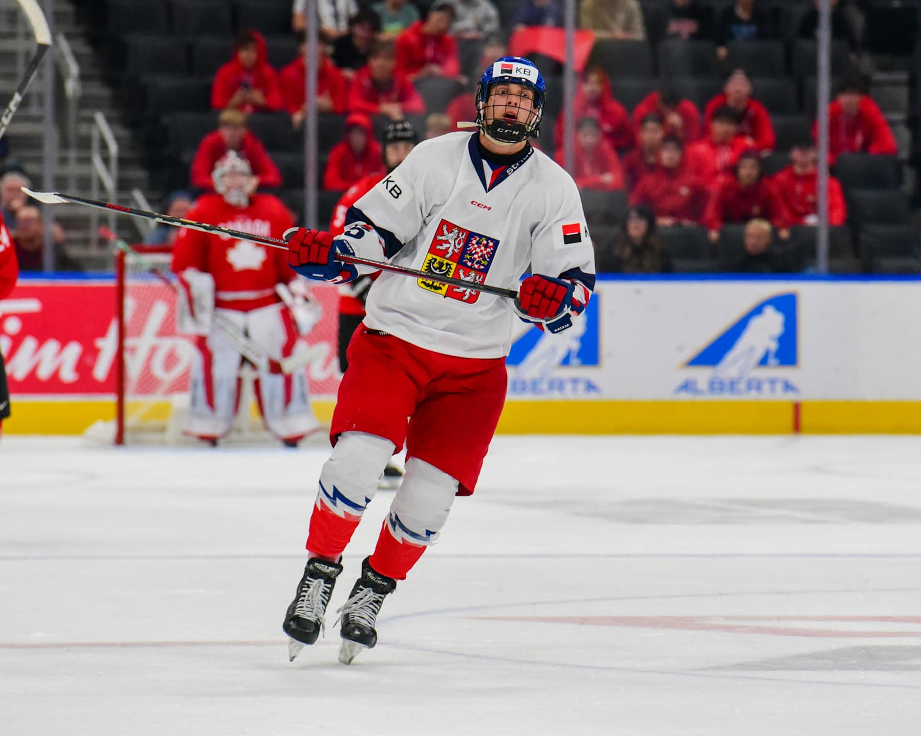 EDMONTON, CANADA  AUGUST 10: Radim Mrtka #5 of Team Czechia in action against Team Canada during the Gold Medal Game of the 2024 Hlinka Gretzky Cup at Rogers Place on August 10, 2024, in Edmonton, Alberta, Canada. (Photo by Leila Devlin/Getty Images)