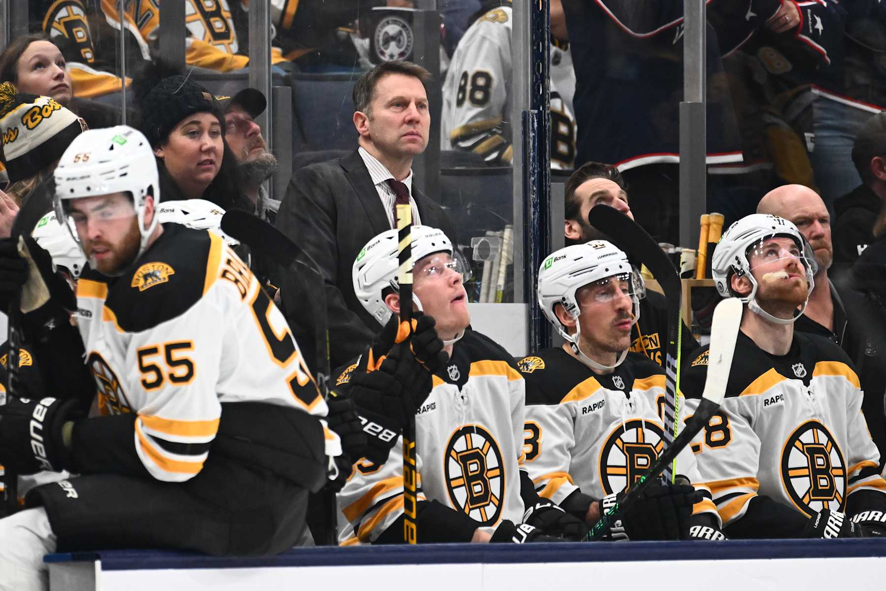 COLUMBUS, OHIO - DECEMBER 27: Interim head coach Joe Sacco of the Boston Bruins awaits a face-off following a Columbus Blue Jackets goal during the third period of a game against the Columbus Blue Jackets at Nationwide Arena on December 27, 2024 in Columbus, Ohio. (Photo by Ben Jackson/Getty Images)