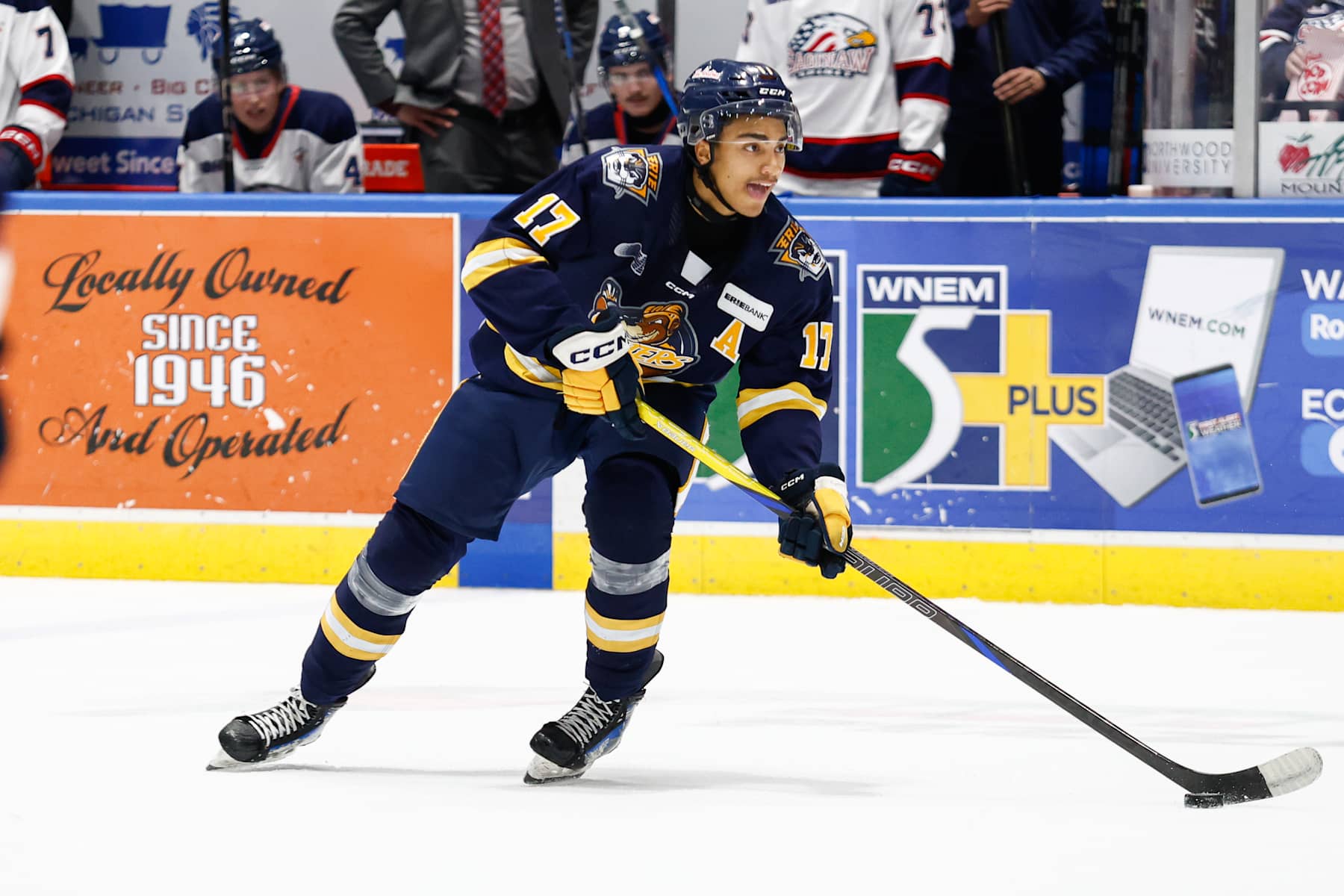 SAGINAW, MI - NOVEMBER 15: Malcolm Spence #17 of Erie skates with the puck during a game between Erie Otters and Saginaw Spirit at Dow Event Center on November 15, 2024 in Saginaw, Michigan. (Photo by Michael Miller/ISI Photos/Getty Images)