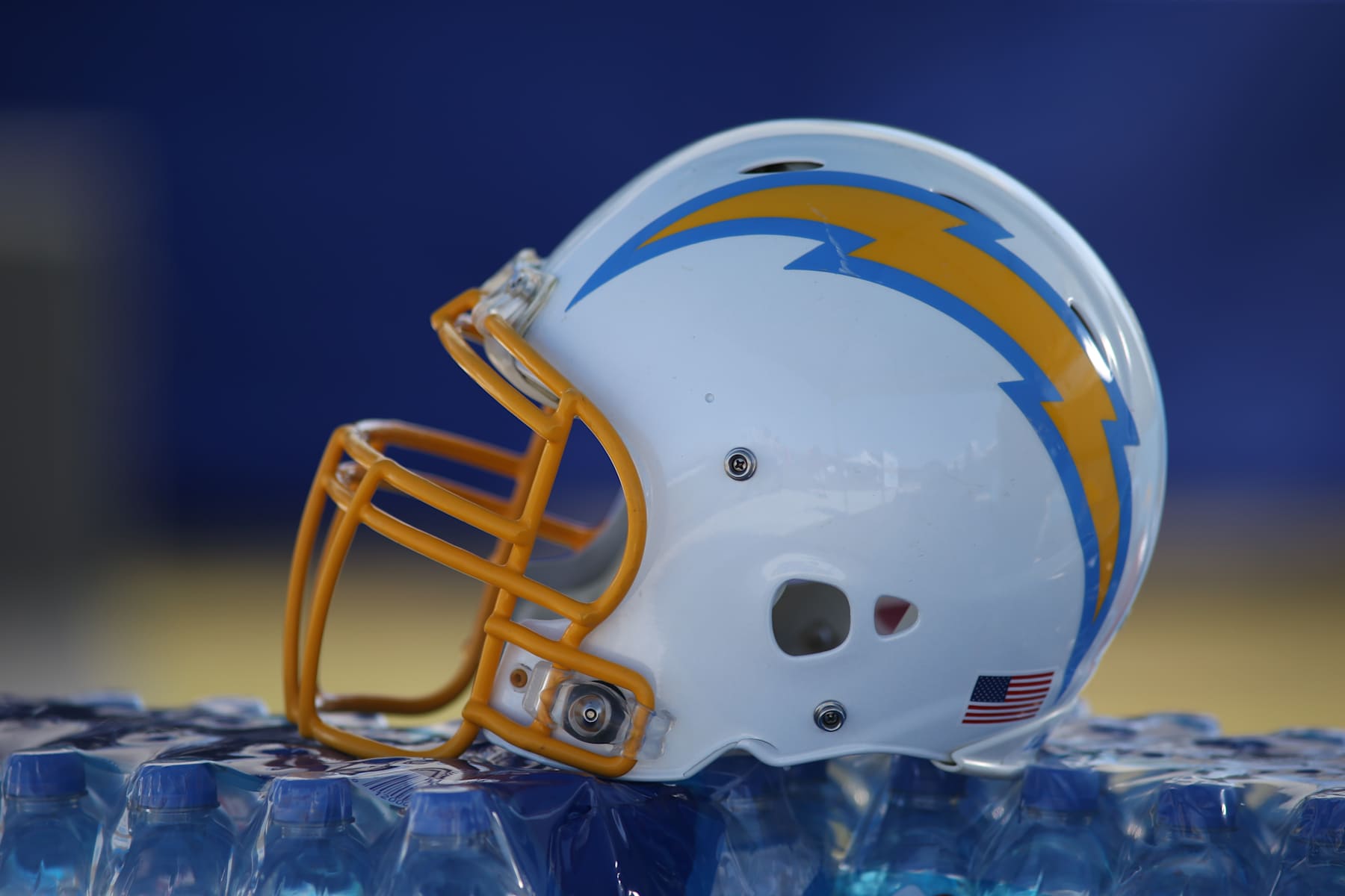 Costa Mesa, CA - JULY 29: Los Angeles Chargers helmet during the Los Angeles Chargers training camp on Thursday July 29, 2021, at Jack Hammett Sports Complex in Costa Mesa, CA. (Photo by Jevone Moore/Icon Sportswire via Getty Images)
