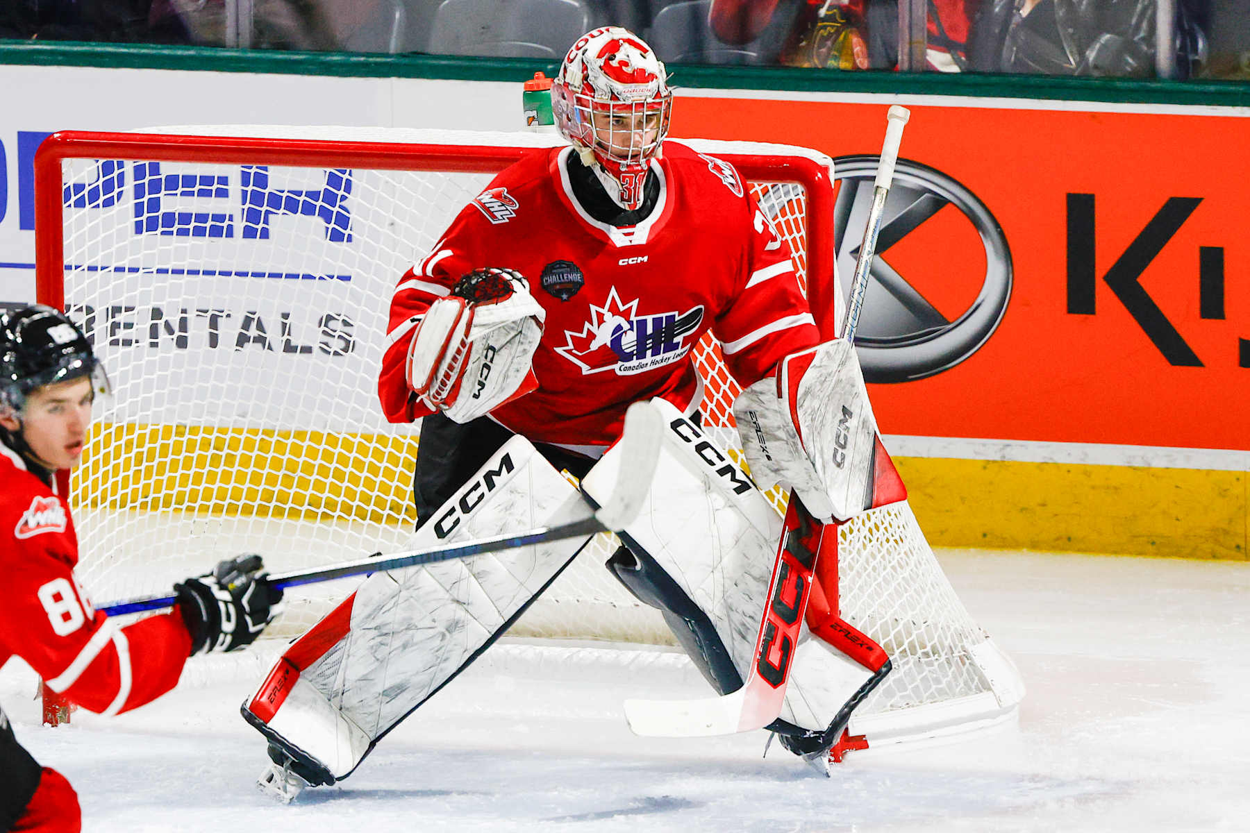 LONDON, ONTARIO, CANADA - NOVEMBER 26: Joshua Ravensbergen #31 of Team CHL waits for a shot during CHL USA Prospects game between USA and CHL at Canada Life Place on November 26, 2024 in London, Ontario, Canada. (Photo by Michael Miller/ISI Photos/Getty Images)