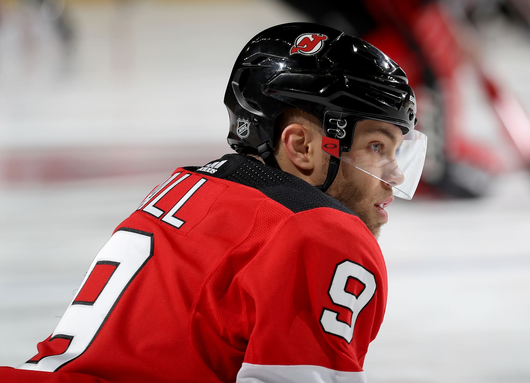 NEWARK, NEW JERSEY - DECEMBER 06:  Taylor Hall #9 of the New Jersey Devils looks on during warm ups before the game against the Chicago Blackhawks at Prudential Center on December 06, 2019 in Newark, New Jersey. (Photo by Elsa/Getty Images)