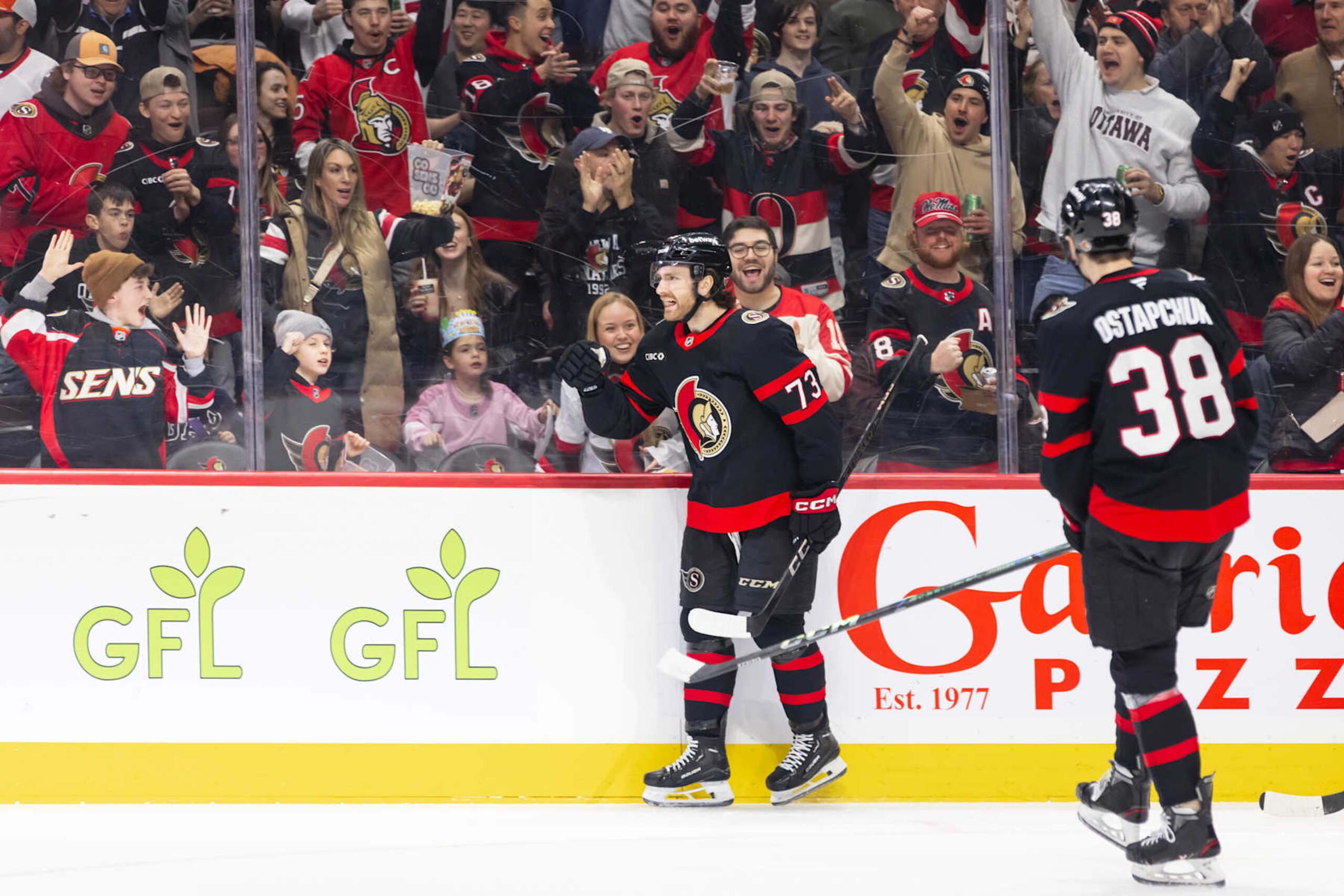 OTTAWA, ON - DECEMBER 11: Ottawa Senators Left Wing Noah Gregor (73) celebrates his goal during first period National Hockey League action between the Anaheim Ducks and Ottawa Senators on December 11, 2024, at Canadian Tire Centre in Ottawa, ON, Canada. (Photo by Richard A. Whittaker/Icon Sportswire via Getty Images) OTTAWA, ON - DECEMBER 11: Ottawa Senators Left Wing Noah Gregor (73) celebrates his goal during first period National Hockey League action between the Anaheim Ducks and Ottawa Senators on December 11, 2024, at Canadian Tire Centre in Ottawa, ON, Canada. (Photo by Richard A. Whittaker/Icon Sportswire via Getty Images)