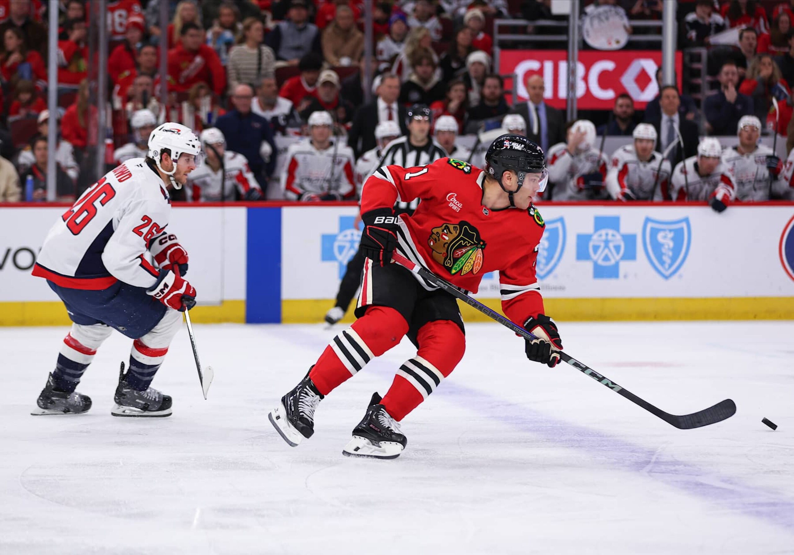 CHICAGO, IL - DECEMBER 17: Taylor Hall #71 of the Chicago Blackhawks brings the puck up ice during the second period against the Washington Capitals on December 17, 2024 at the United Center in Chicago, Illinois. (Photo by Melissa Tamez/Icon Sportswire via Getty Images) CHICAGO, IL - DECEMBER 17: Taylor Hall #71 of the Chicago Blackhawks brings the puck up ice during the second period against the Washington Capitals on December 17, 2024 at the United Center in Chicago, Illinois. (Photo by Melissa Tamez/Icon Sportswire via Getty Images)