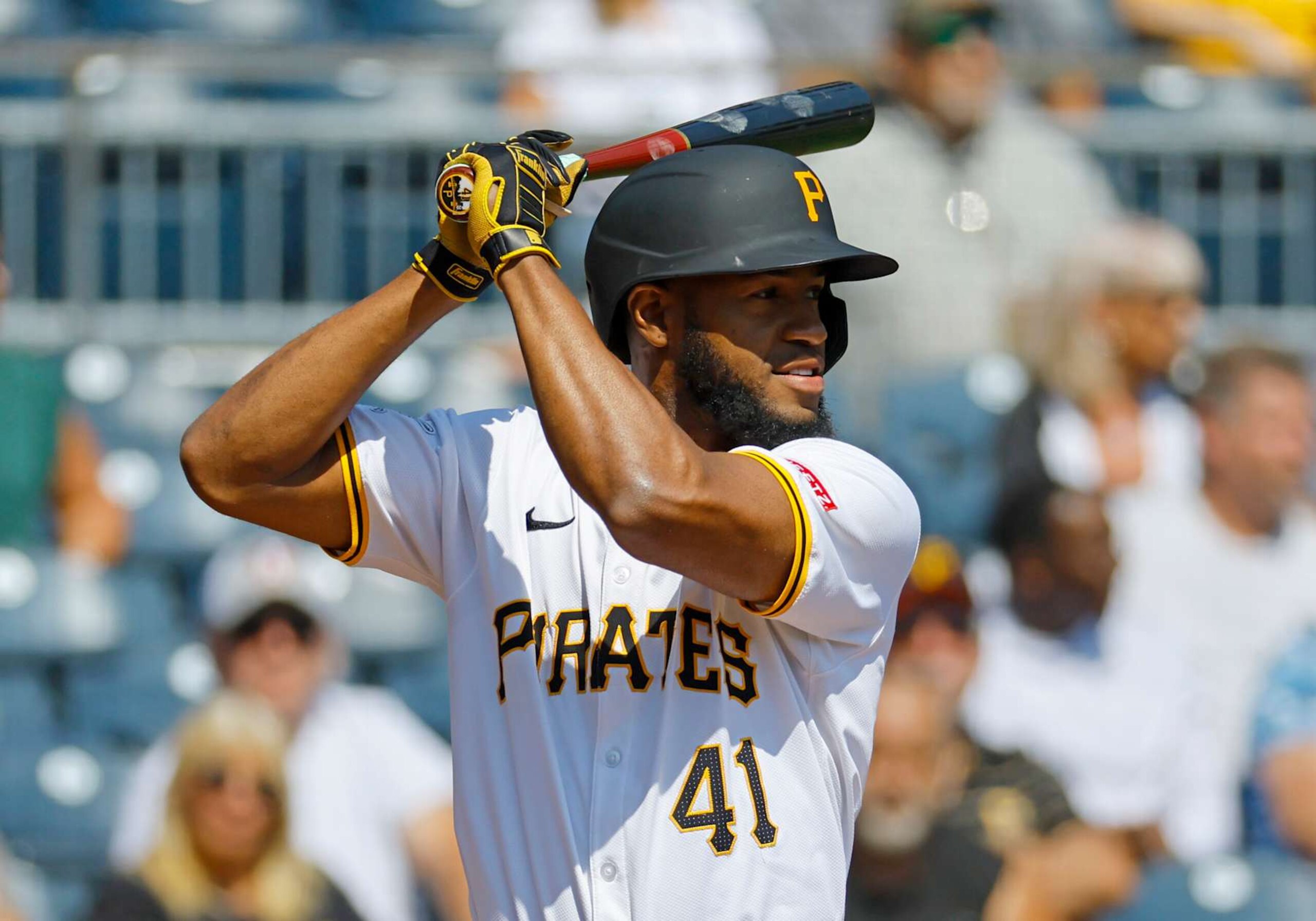 PITTSBURGH, PA - SEPTEMBER 11:  Bryan De La Cruz #41 of the Pittsburgh Pirates in action against the Miami Marlins at PNC Park on September11, 2024 in Pittsburgh, Pennsylvania.  (Photo by Justin K. Aller/Getty Images)