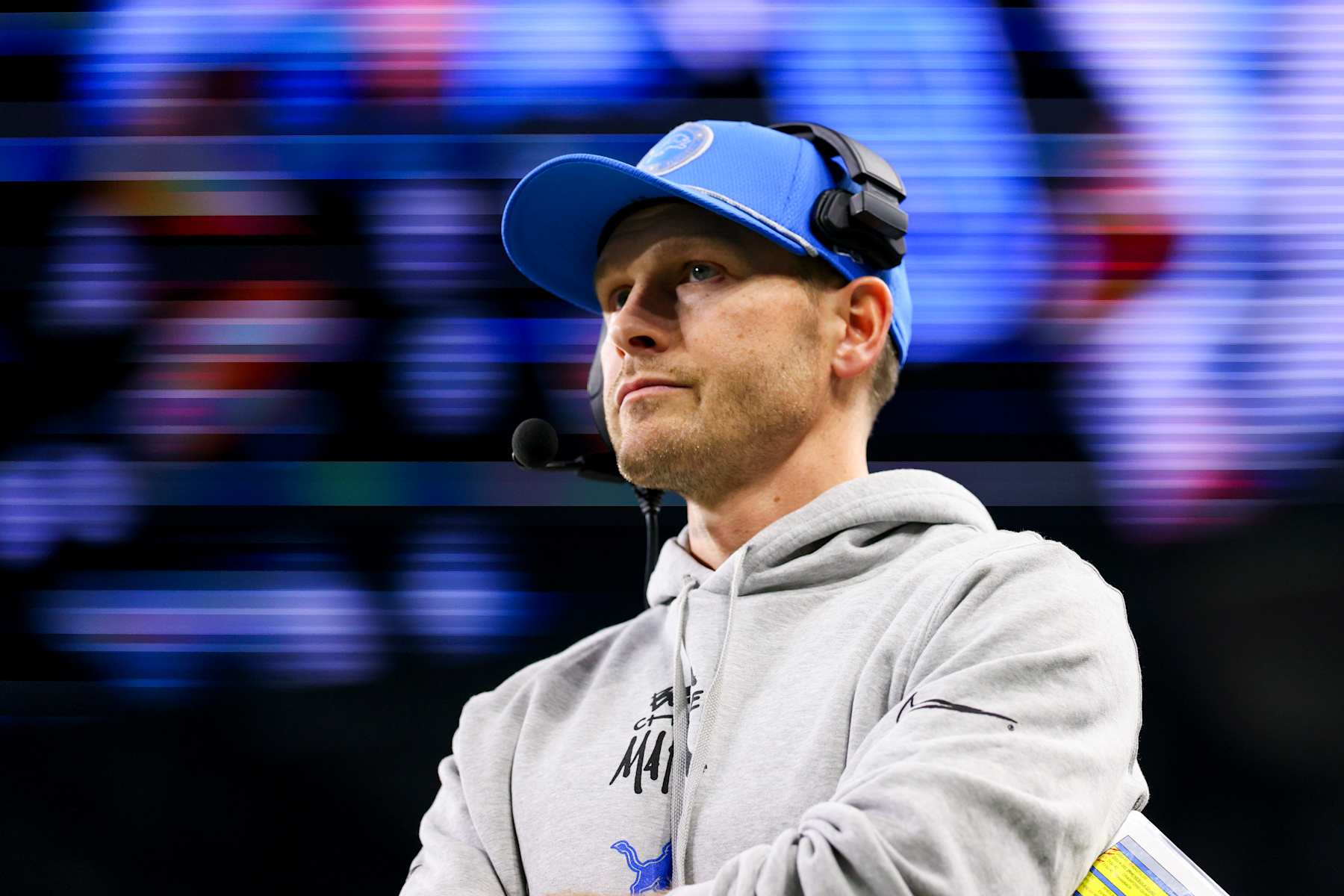 DETROIT, MICHIGAN - DECEMBER 15: Offensive coordinator Ben Johnson of the Detroit Lions looks on in the fourth quarter of a game against the Buffalo Bills at Ford Field on December 15, 2024 in Detroit, Michigan. (Photo by Mike Mulholland/Getty Images)
