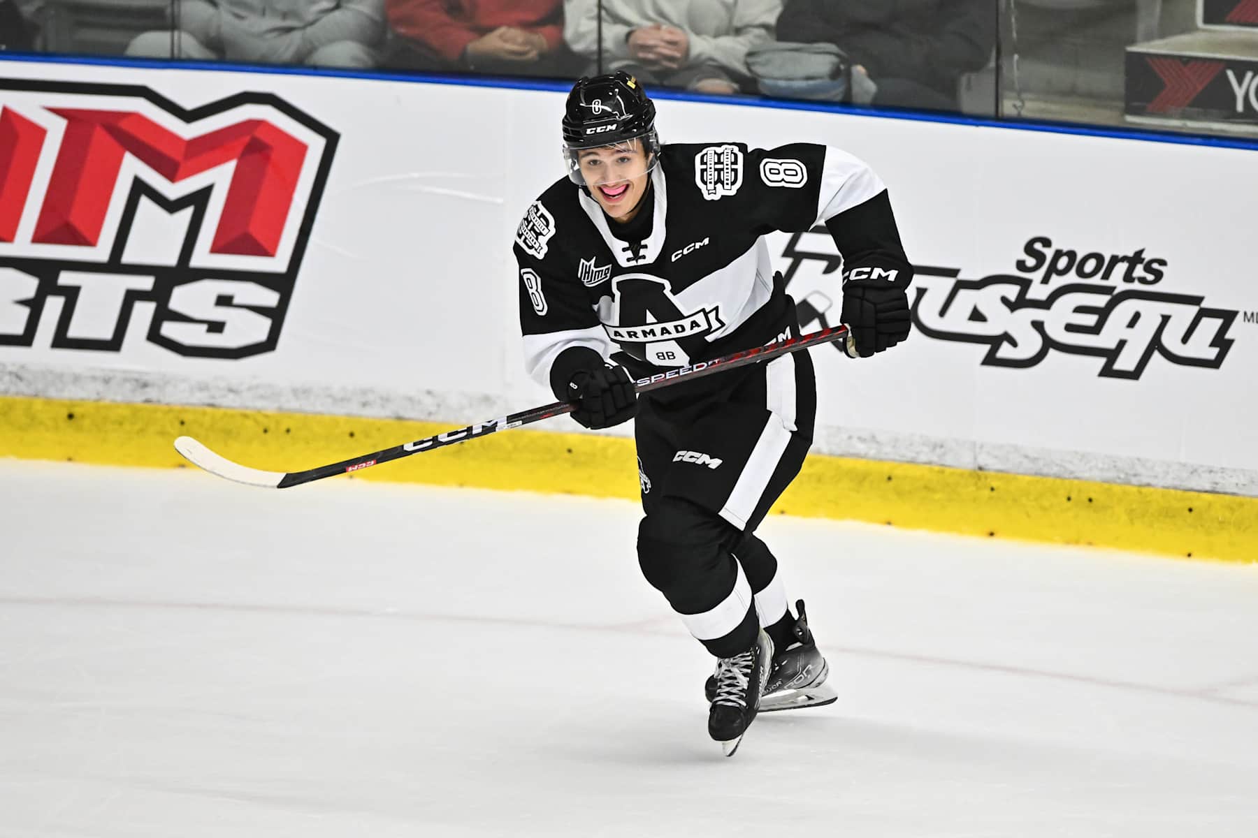 BOISBRIAND, CANADA - SEPTEMBER 24:  Justin Carbonneau #8 of the Blainville-Boisbriand Armada skates during the second period against the Shawinigan Cataractes at Centre d'Excellence Sports Rousseau on September 24, 2023 in Boisbriand, Quebec, Canada.  The Shawinigan Cataractes defeated the Blainville-Boisbriand Armada 4-3.  (Photo by Minas Panagiotakis/Getty Images)
