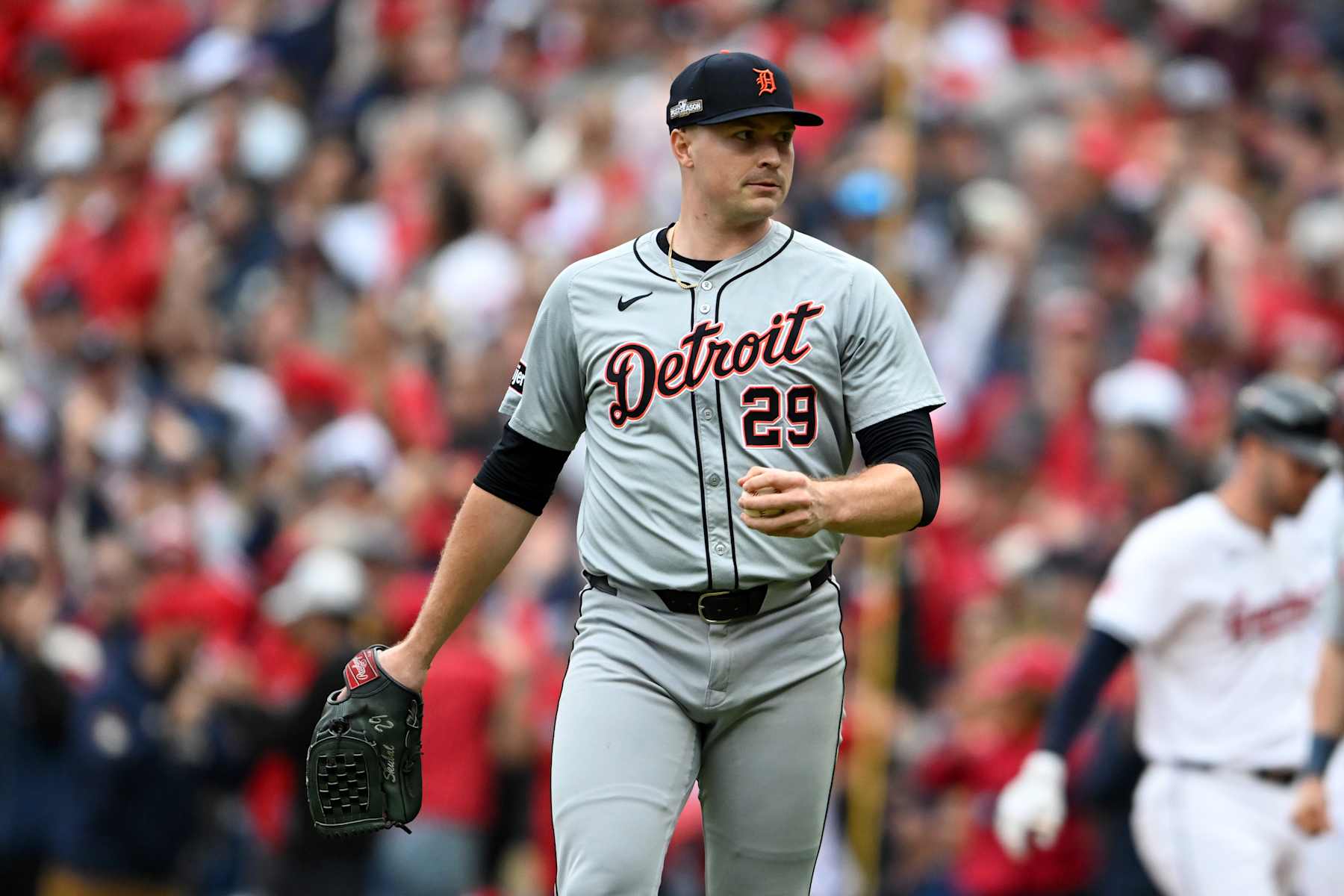 CLEVELAND, OHIO - OCTOBER 12: Tarik Skubal #29 of the Detroit Tigers looks on during the fifth inning in Game Five of the Division Series against the Cleveland Guardians at Progressive Field on October 12, 2024 in Cleveland, Ohio. (Photo by Nick Cammett/Diamond Images via Getty Images)