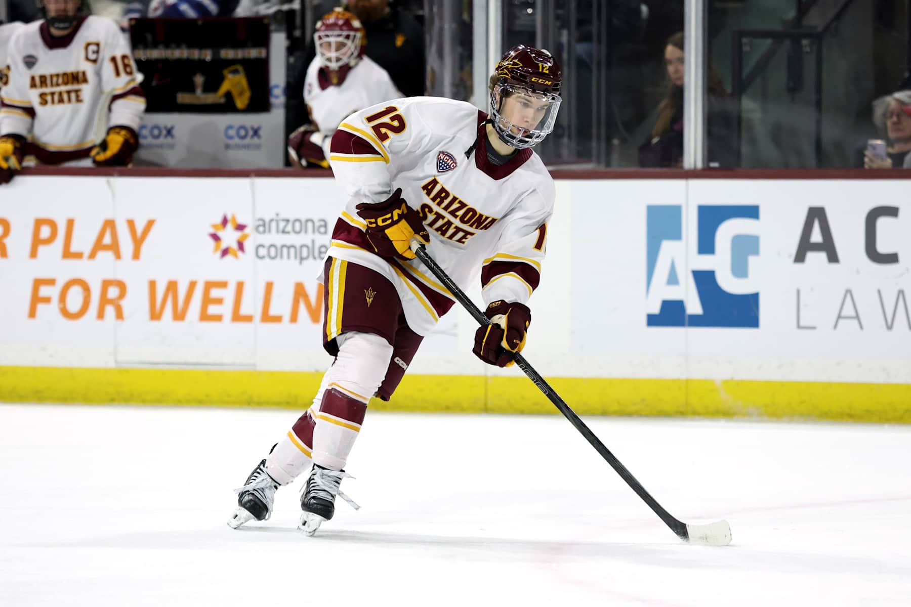 TEMPE, ARIZONA - DECEMBER 29: Cullen Potter #12 of Arizona State Sun Devils skates with the puck against the United States NTDP at Mullett Arena on December 29, 2024 in Tempe, Arizona. (Photo by Zac BonDurant/Getty Images)