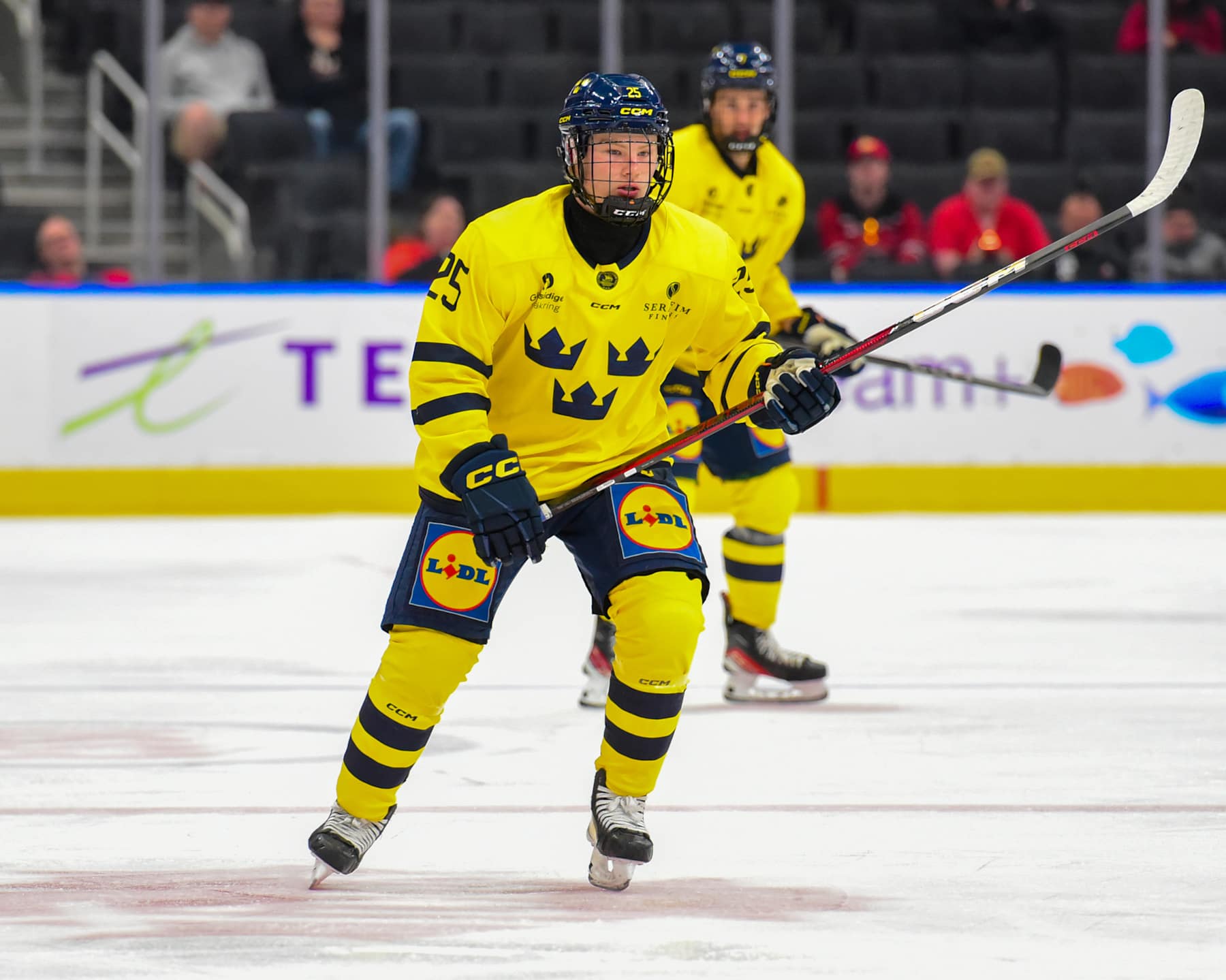 EDMONTON, CANADA  AUGUST 10: Viktor Klingsell #25 of Team Sweden in action against Team USA during the Bronze Medal Game of the 2024 Hlinka Gretzky Cup at Rogers Place on August 10, 2024, in Edmonton, Alberta, Canada. (Photo by Leila Devlin/Getty Images)