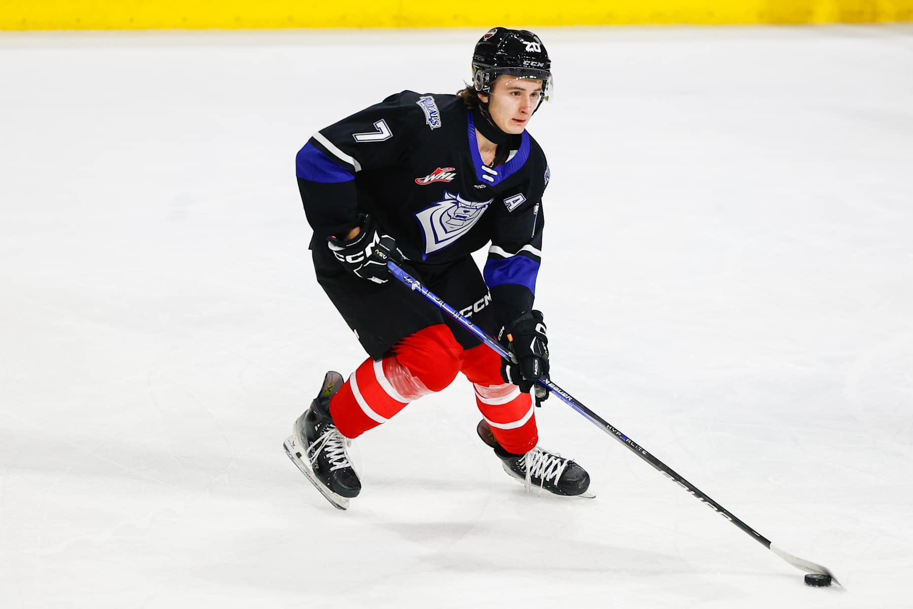 LONDON, ONTARIO, CANADA - NOVEMBER 26: Cole Reschny #7 of Team CHL warms up before the CHL USA Prospects Challenge between USA and CHL at Canada Life Place on November 26, 2024 in London, Ontario, Canada. (Photo by Michael Miller/ISI Photos/Getty Images)