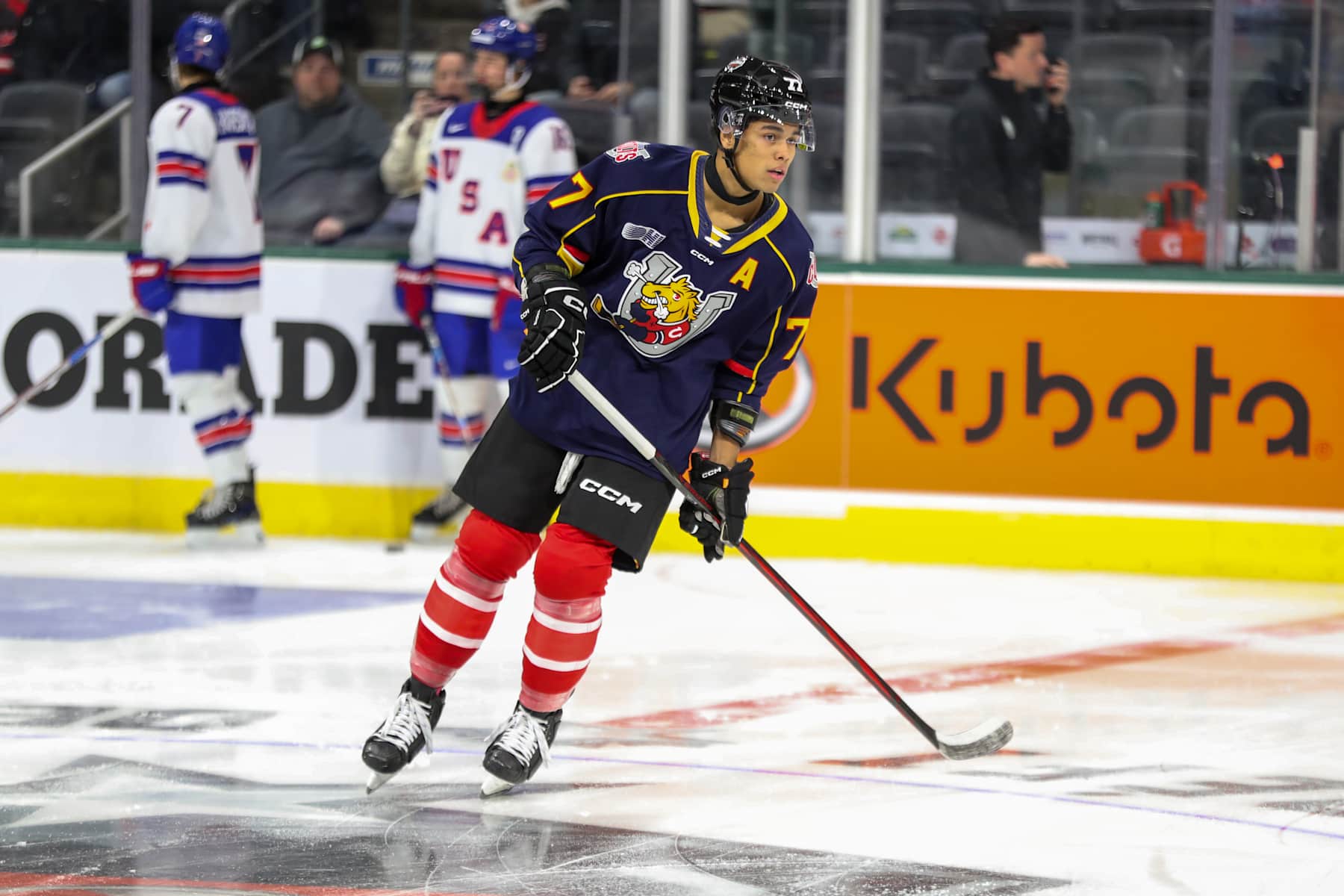 LONDON, ONTARIO - NOVEMBER 26: Defenceman Kashawn Aitcheson #77 of Team CHL warms up prior to a game against Team USA during the CHL USA Prospects Challenge at Canada Life Place on November 26, 2024 in London, Ontario. (Photo by Dennis Pajot/Getty Images)