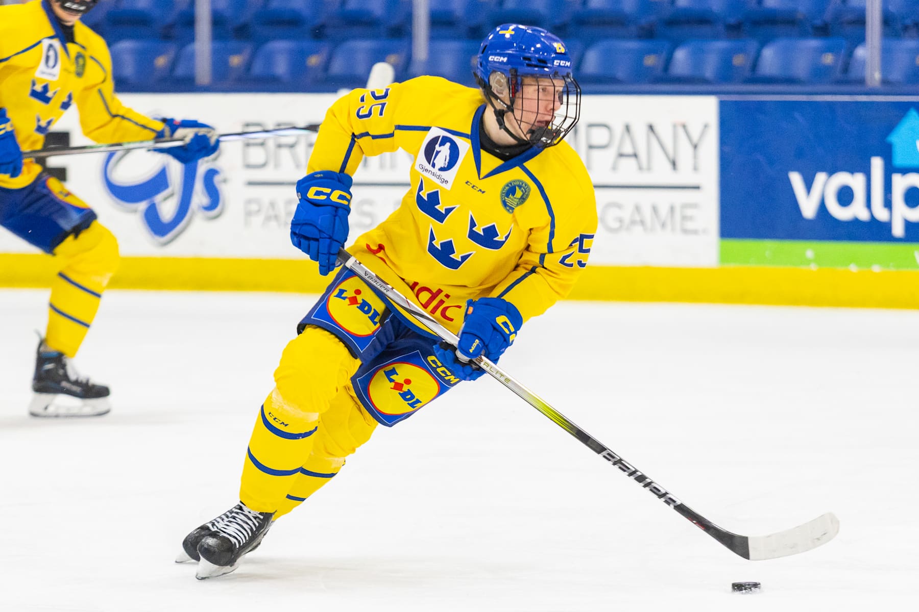 PLYMOUTH, MI - FEBRUARY 7: Milton Gastrin #25 of Team Sweden skates with the puck during U18 Five Nations Tournament between Team Czechia and Team Sweden at USA Hockey Arena on February 7, 2024 in Plymouth, Michigan. (Photo by Michael Miller/ISI Photos/Getty Images)