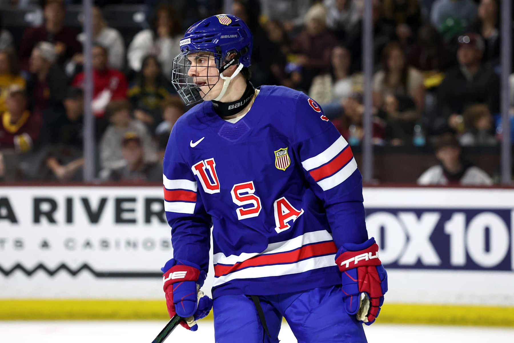 TEMPE, ARIZONA - DECEMBER 29: Jack Murtagh #9 of United States NTDP before a faceoff against the Arizona State Sun Devils at Mullett Arena on December 29, 2024 in Tempe, Arizona. (Photo by Zac BonDurant/Getty Images)