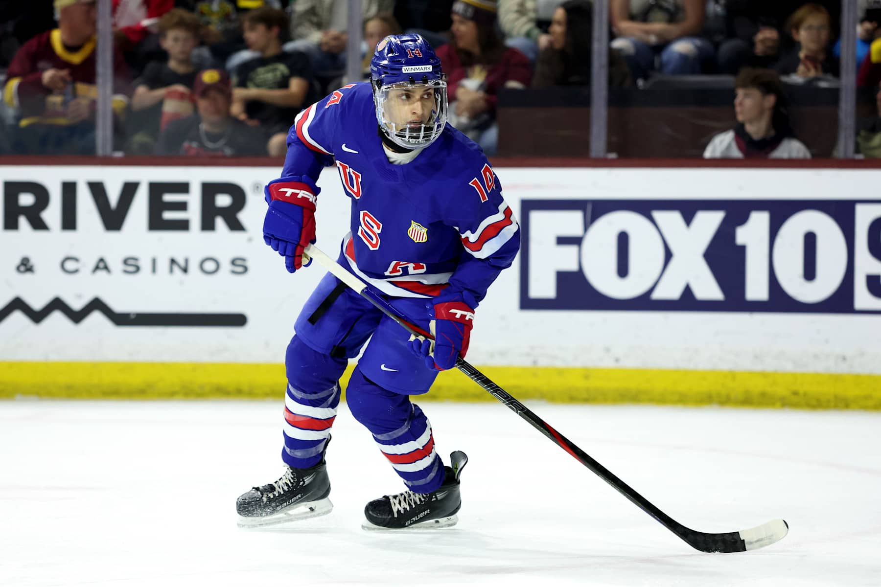 TEMPE, ARIZONA - DECEMBER 29: William Moore #14 of United States NTDP skates against the Arizona State Sun Devils at Mullett Arena on December 29, 2024 in Tempe, Arizona. (Photo by Zac BonDurant/Getty Images)