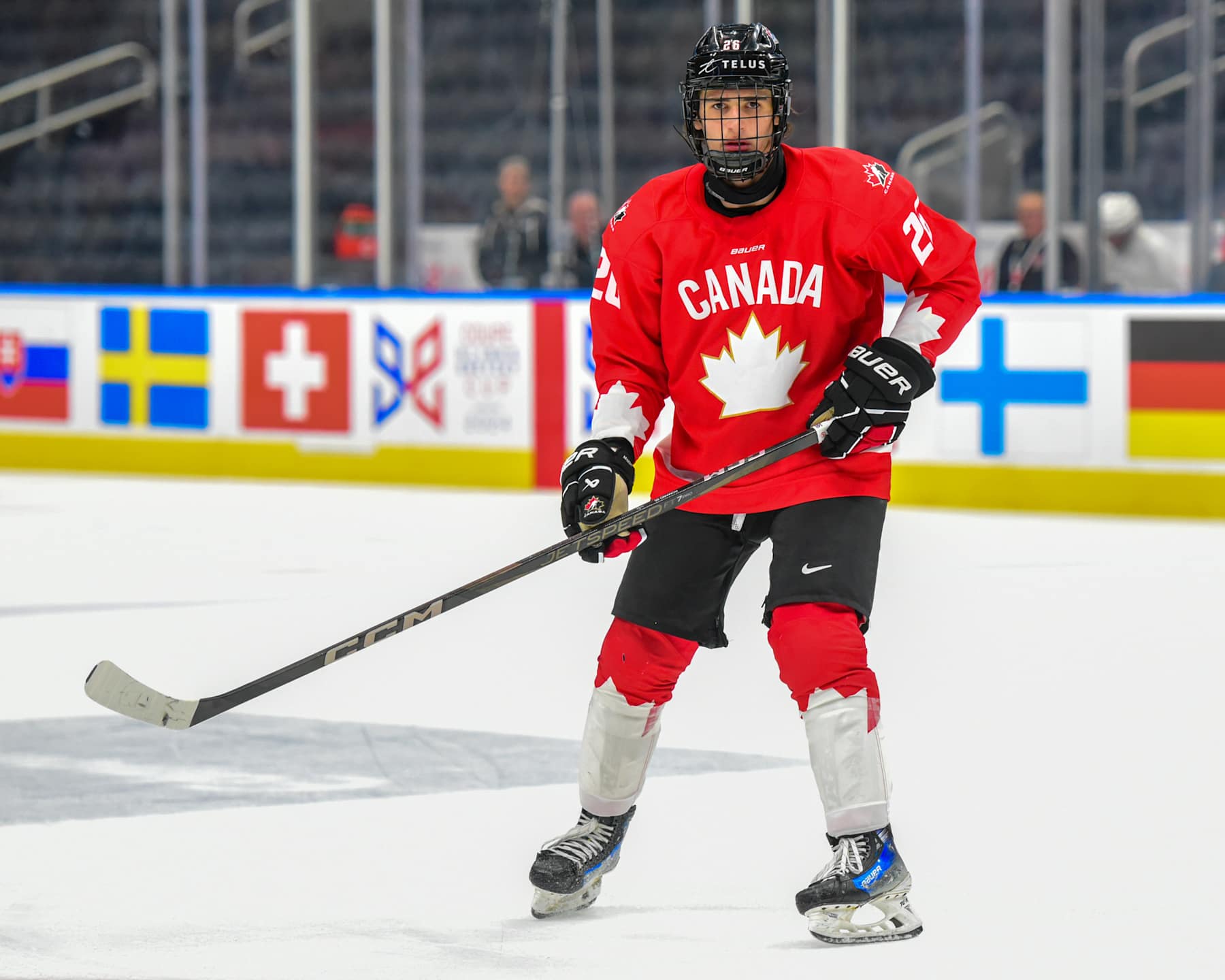 EDMONTON, CANADA  AUGUST 10: Luca Romano #26 of Team Canada in action against Team Czechia during the Gold Medal Game of the 2024 Hlinka Gretzky Cup at Rogers Place on August 10, 2024, in Edmonton, Alberta, Canada. (Photo by Leila Devlin/Getty Images)