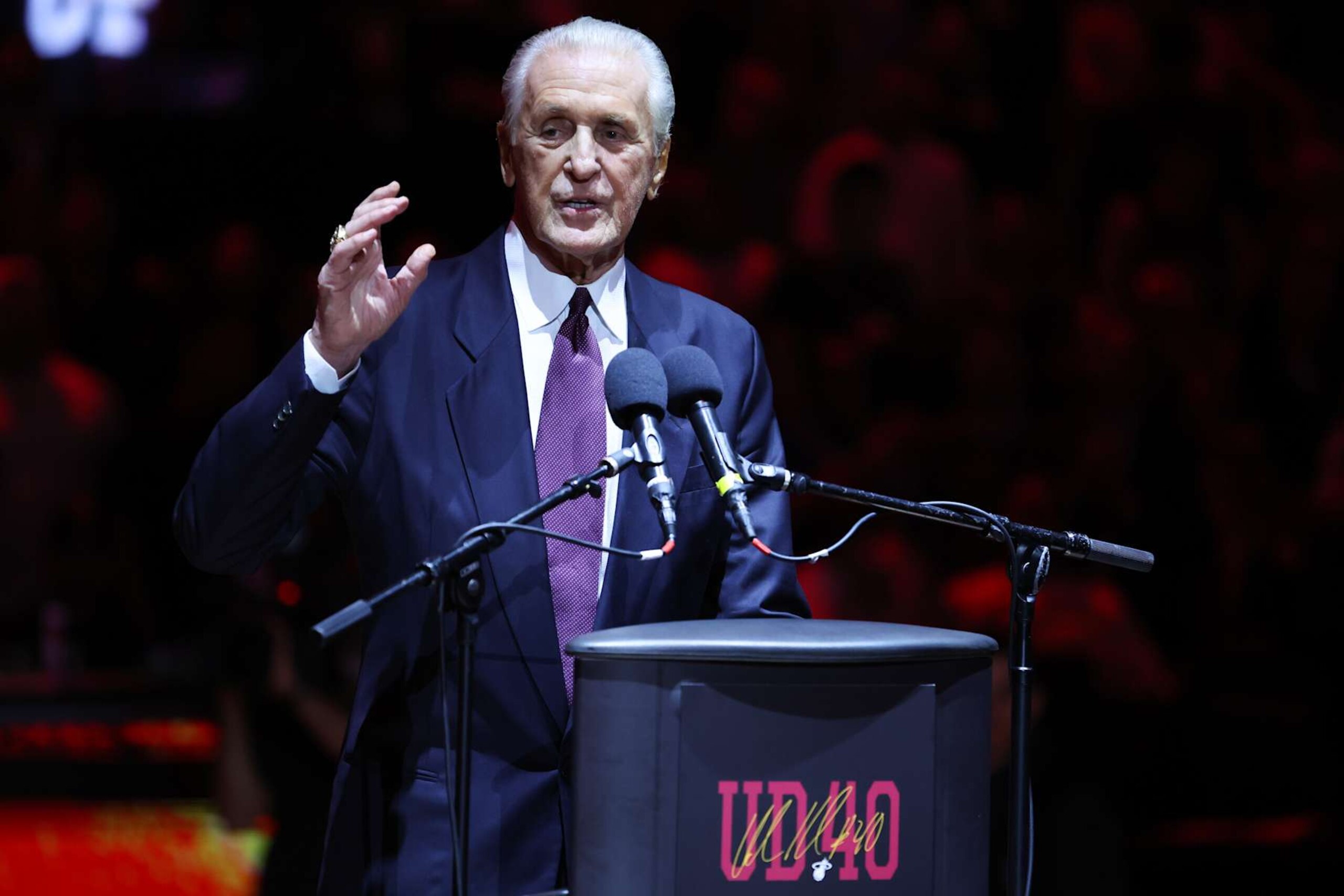 MIAMI, FLORIDA - JANUARY 19: Miami Heat president Pat Riley addresses the crowd during the Udonis Haslem jersey retirement ceremony at halftime of a game between the Atlanta Hawks and Miami Heat at Kaseya Center on January 19, 2024 in Miami, Florida. NOTE TO USER: User expressly acknowledges and agrees that, by downloading and or using this photograph, User is consenting to the terms and conditions of the Getty Images License Agreement. (Photo by Megan Briggs/Getty Images)