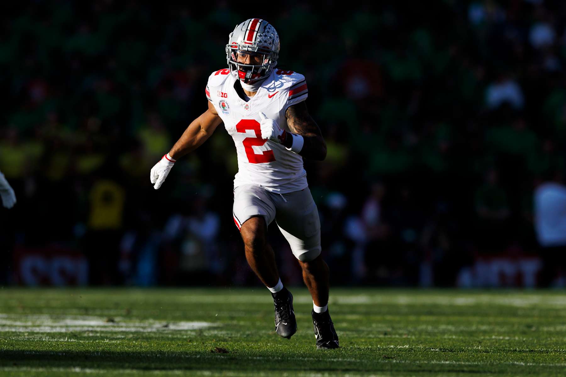 PASADENA, CALIFORNIA - JANUARY 1: Emeka Egbuka #2 of the Ohio State Buckeyes runs a route in the first half during the Rose Bowl against Oregon Ducks at Rose Bowl Stadium on January 1, 2025 in Pasadena, California. (Photo by Ric Tapia/Getty Images)