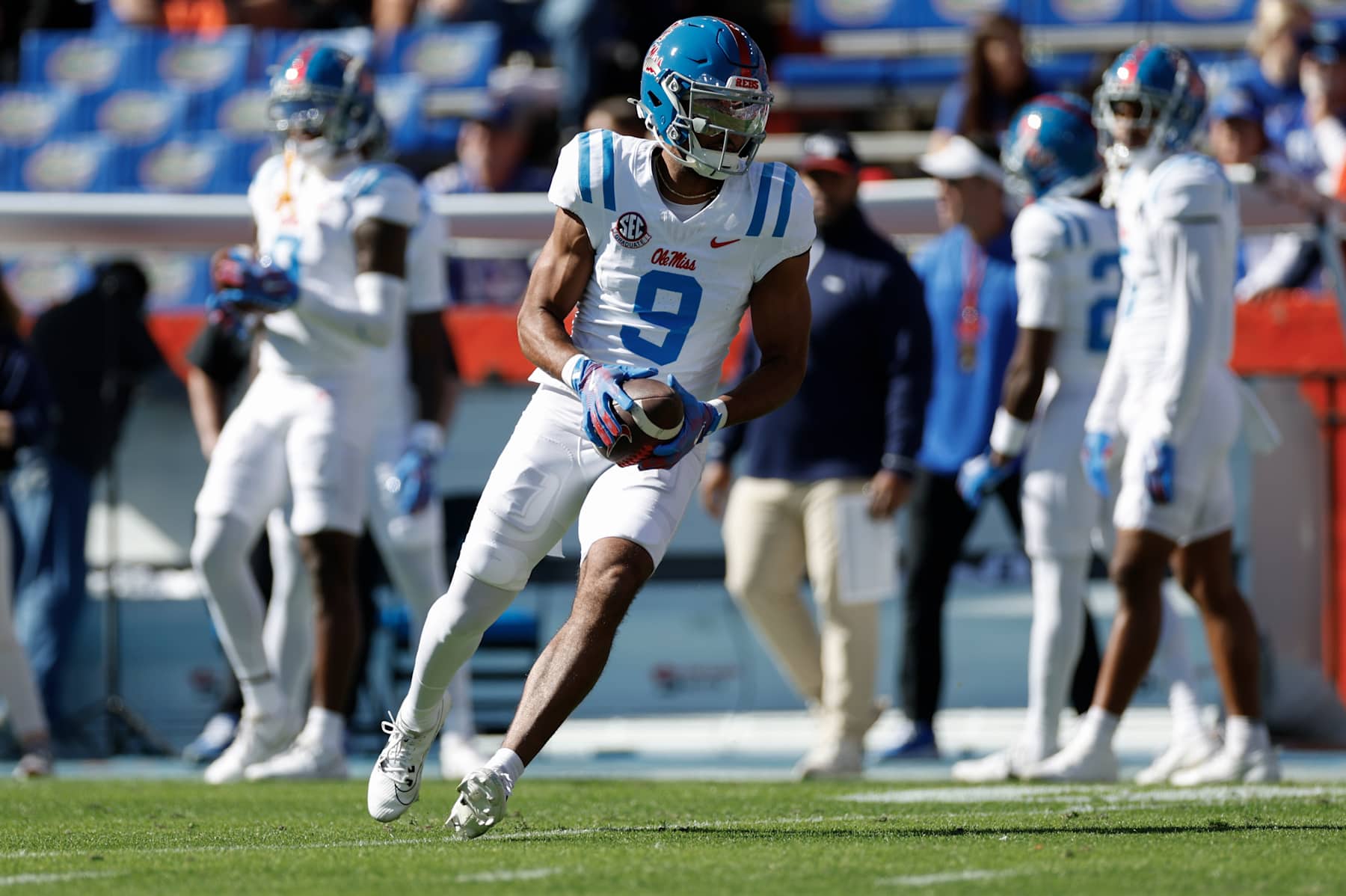 GAINESVILLE, FL - NOVEMBER 23: Mississippi Rebels wide receiver Tre Harris (9) before the game between the Florida Gators and the Mississippi Rebels on November 23, 2024 at Ben Hill Griffin Stadium at Florida Field in Gainesville, Fl. (Photo by David Rosenblum/Icon Sportswire via Getty Images)