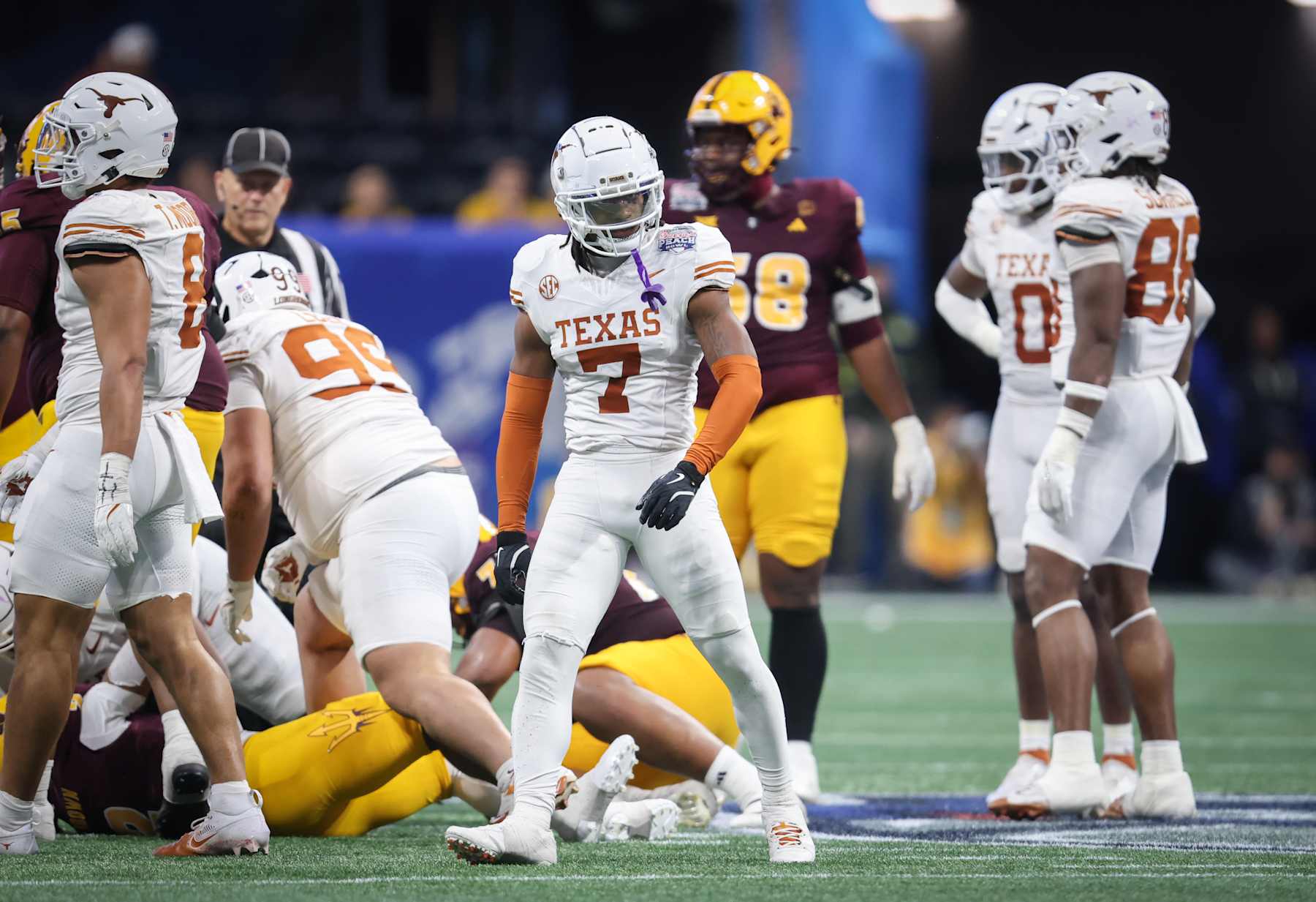 ATLANTA, GEORGIA - JANUARY 1: Jahdae Barron #7 of the Texas Longhorns celebrates after a play against the Arizona State Sun Devils during the second half against at Mercedes-Benz Stadium on January 1, 2025 in Atlanta, Georgia. (Photo by CFP/Getty Images) ATLANTA, GEORGIA - JANUARY 1: Jahdae Barron #7 of the Texas Longhorns celebrates after a play against the Arizona State Sun Devils during the second half against at Mercedes-Benz Stadium on January 1, 2025 in Atlanta, Georgia. (Photo by CFP/Getty Images)