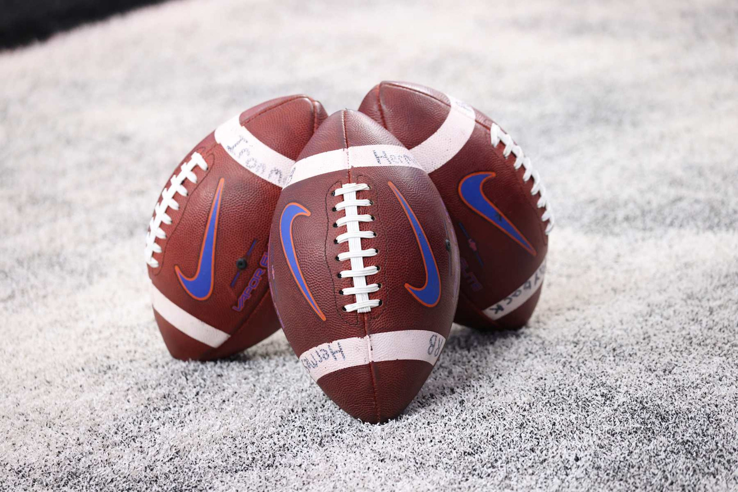 LAS VEGAS, NV - DECEMBER 02: A general view of Boise State Broncos footballs before the start of a Mountain West Championship Game between the Boise State Broncos and the UNLV Rebels Saturday, Dec. 2, 2023, at Allegiant Stadium in Las Vegas, Nevada. (Photo by Marc Sanchez/Icon Sportswire via Getty Images) LAS VEGAS, NV - DECEMBER 02: A general view of Boise State Broncos footballs before the start of a Mountain West Championship Game between the Boise State Broncos and the UNLV Rebels Saturday, Dec. 2, 2023, at Allegiant Stadium in Las Vegas, Nevada. (Photo by Marc Sanchez/Icon Sportswire via Getty Images)