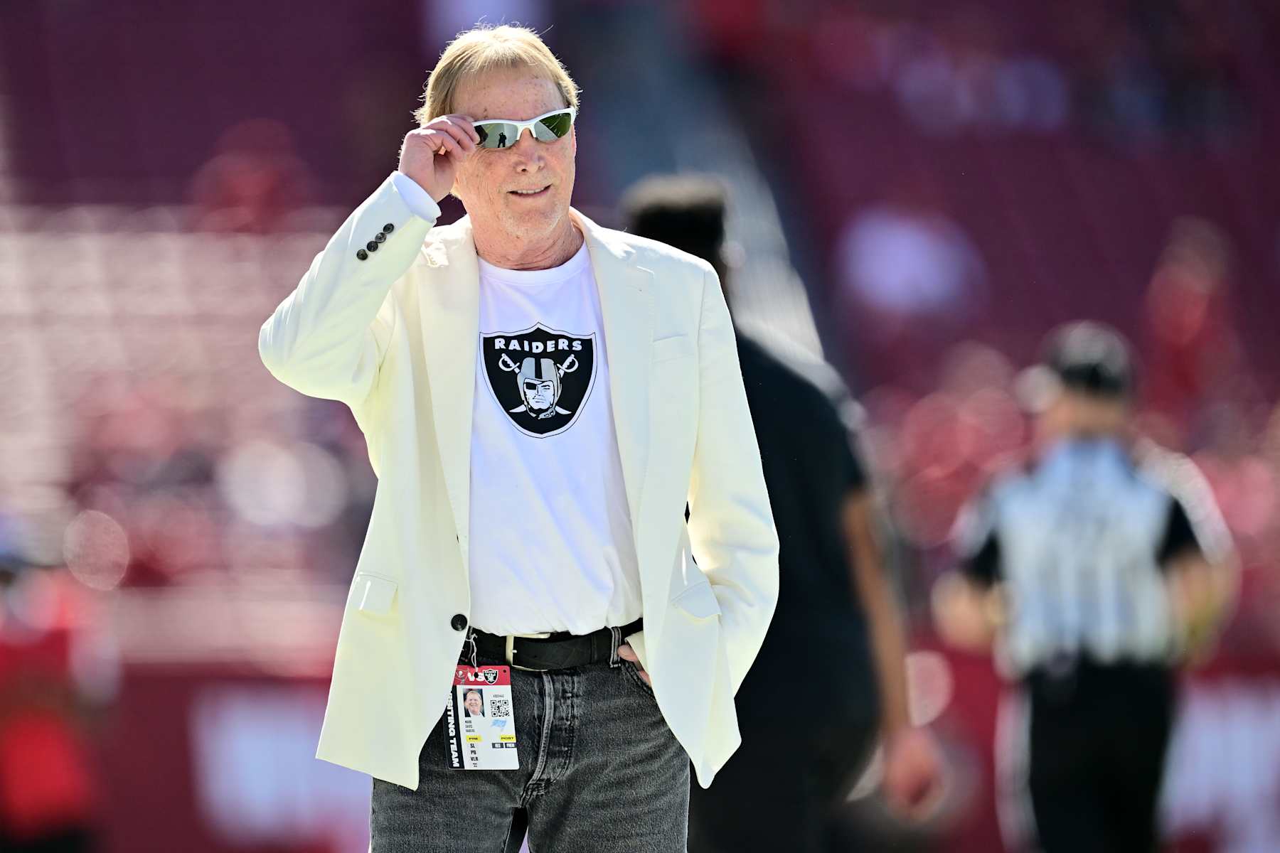 TAMPA, FLORIDA - DECEMBER 08: Las Vegas Raiders owner Mark Davis walks the field prior to the game at Raymond James Stadium on December 08, 2024 in Tampa, Florida. (Photo by Julio Aguilar/Getty Images)