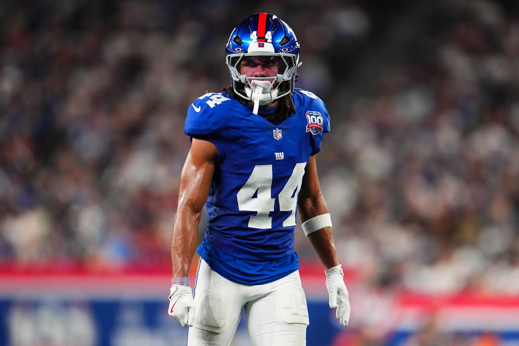 EAST RUTHERFORD, NJ - SEPTEMBER 26: Nick McCloud #44 of the New York Giants lines up before the snap during an NFL football game against the Dallas Cowboys at MetLife Stadium on September 26, 2024 in East Rutherford, New Jersey. (Photo by Cooper Neill/Getty Images)