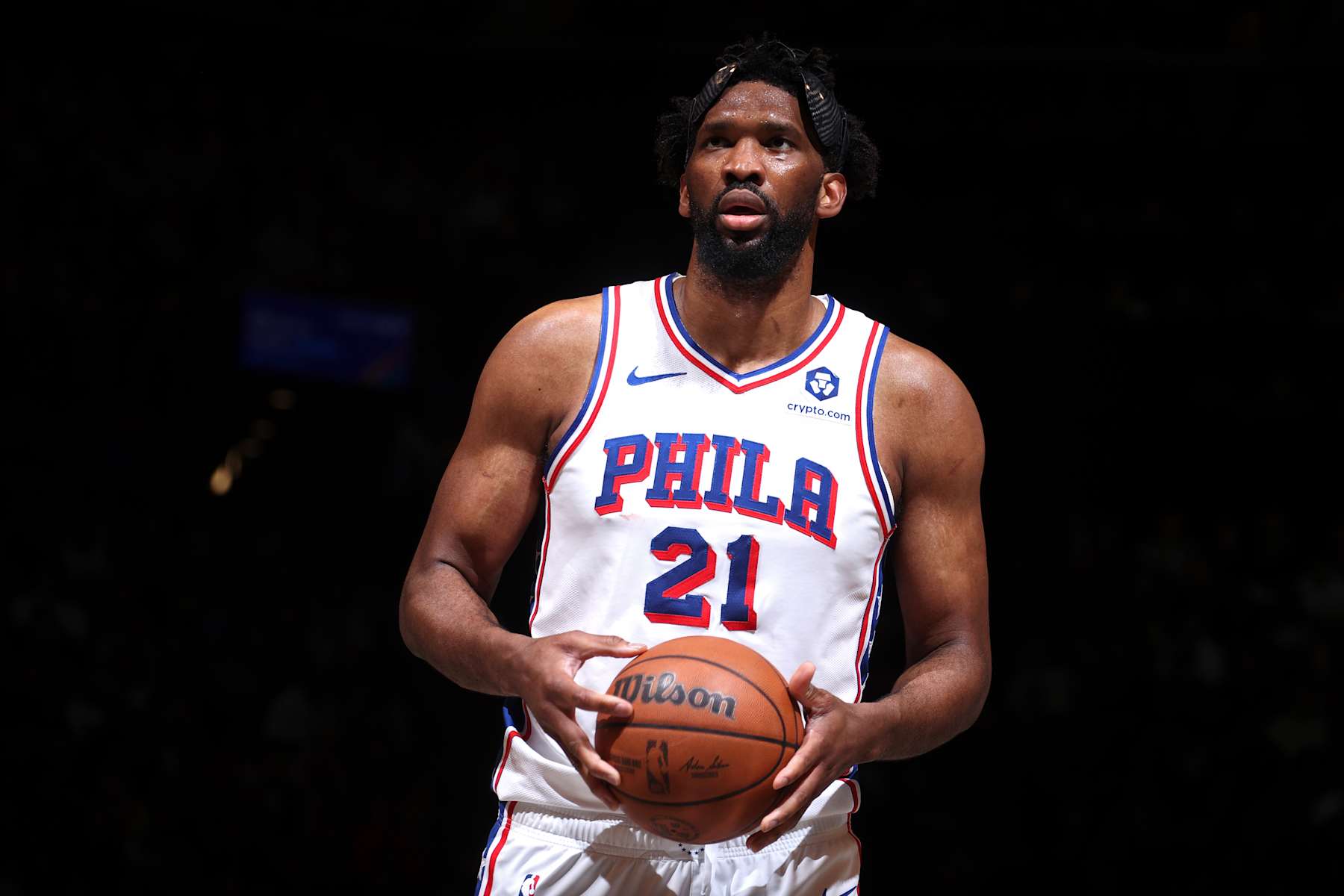 BROOKLYN, NY - JANUARY 4: Joel Embiid #21 of the Philadelphia 76ers looks on during the game against the Brooklyn Nets on January 4, 2025 at Barclays Center in Brooklyn, New York. NOTE TO USER: User expressly acknowledges and agrees that, by downloading and or using this Photograph, user is consenting to the terms and conditions of the Getty Images License Agreement. Mandatory Copyright Notice: Copyright 2025 NBAE (Photo by Nathaniel S. Butler/NBAE via Getty Images) BROOKLYN, NY - JANUARY 4: Joel Embiid #21 of the Philadelphia 76ers looks on during the game against the Brooklyn Nets on January 4, 2025 at Barclays Center in Brooklyn, New York. NOTE TO USER: User expressly acknowledges and agrees that, by downloading and or using this Photograph, user is consenting to the terms and conditions of the Getty Images License Agreement. Mandatory Copyright Notice: Copyright 2025 NBAE (Photo by Nathaniel S. Butler/NBAE via Getty Images)