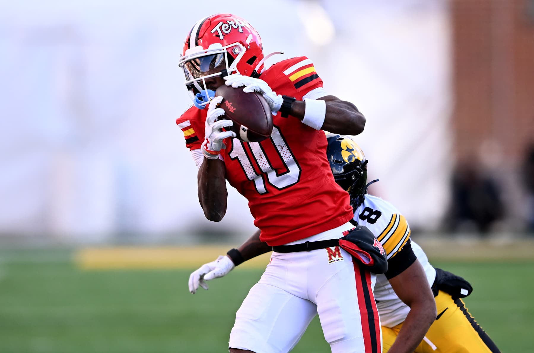 COLLEGE PARK, MARYLAND - NOVEMBER 23: Tai Felton #10 of the Maryland Terrapins catches a pass in the fourth quarter against the Iowa Hawkeyes at Capital One Field at Maryland Stadium on November 23, 2024 in College Park, Maryland. (Photo by Greg Fiume/Getty Images)
