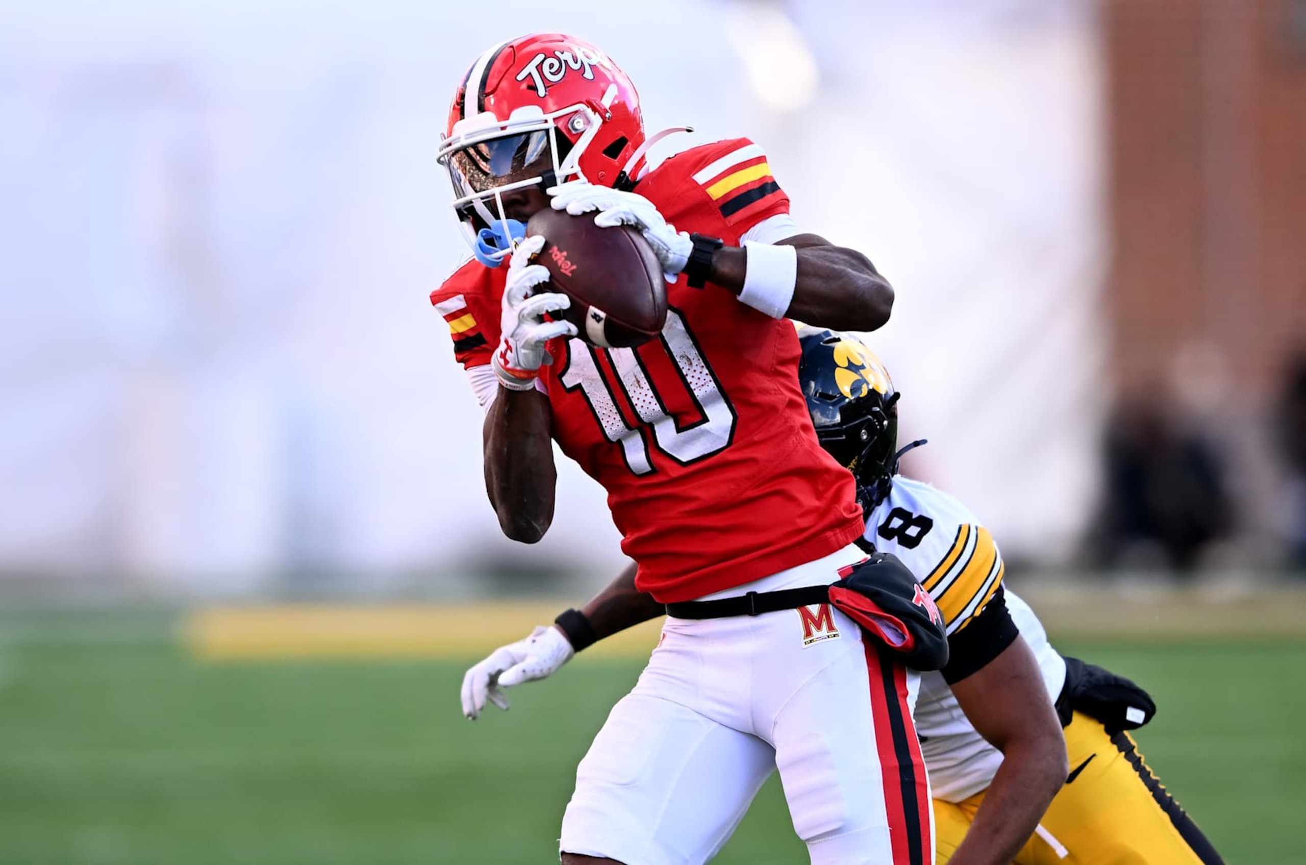 COLLEGE PARK, MARYLAND - NOVEMBER 23: Tai Felton #10 of the Maryland Terrapins catches a pass in the fourth quarter against the Iowa Hawkeyes at Capital One Field at Maryland Stadium on November 23, 2024 in College Park, Maryland. (Photo by Greg Fiume/Getty Images)
