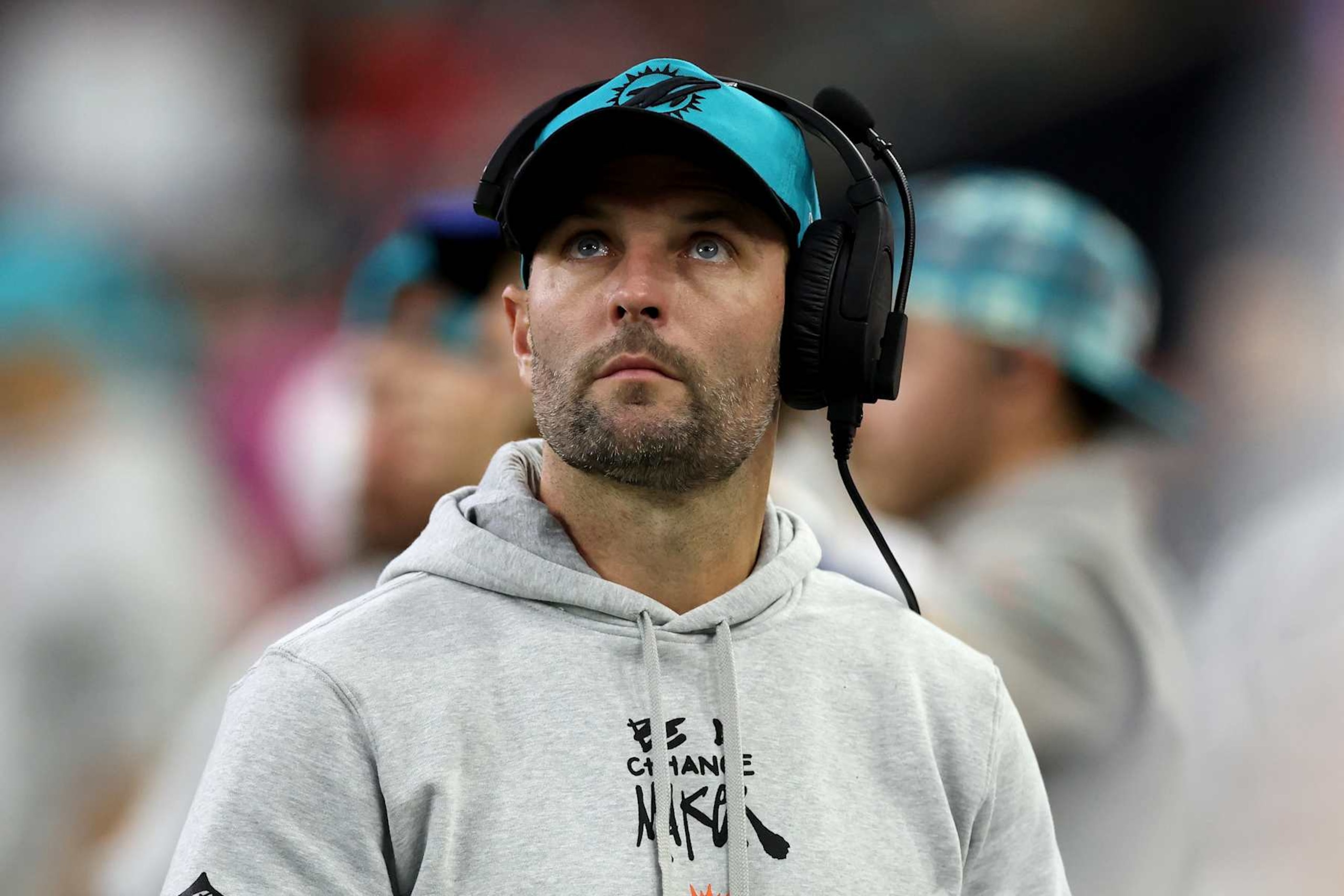 HOUSTON, TEXAS - DECEMBER 15: Wide receivers and passing game specialist Wes Welker of the Miami Dolphins watches on the sideline in the second half against the Houston Texans at NRG Stadium on December 15, 2024 in Houston, Texas. (Photo by Tim Warner/Getty Images) HOUSTON, TEXAS - DECEMBER 15: Wide receivers and passing game specialist Wes Welker of the Miami Dolphins watches on the sideline in the second half against the Houston Texans at NRG Stadium on December 15, 2024 in Houston, Texas. (Photo by Tim Warner/Getty Images)