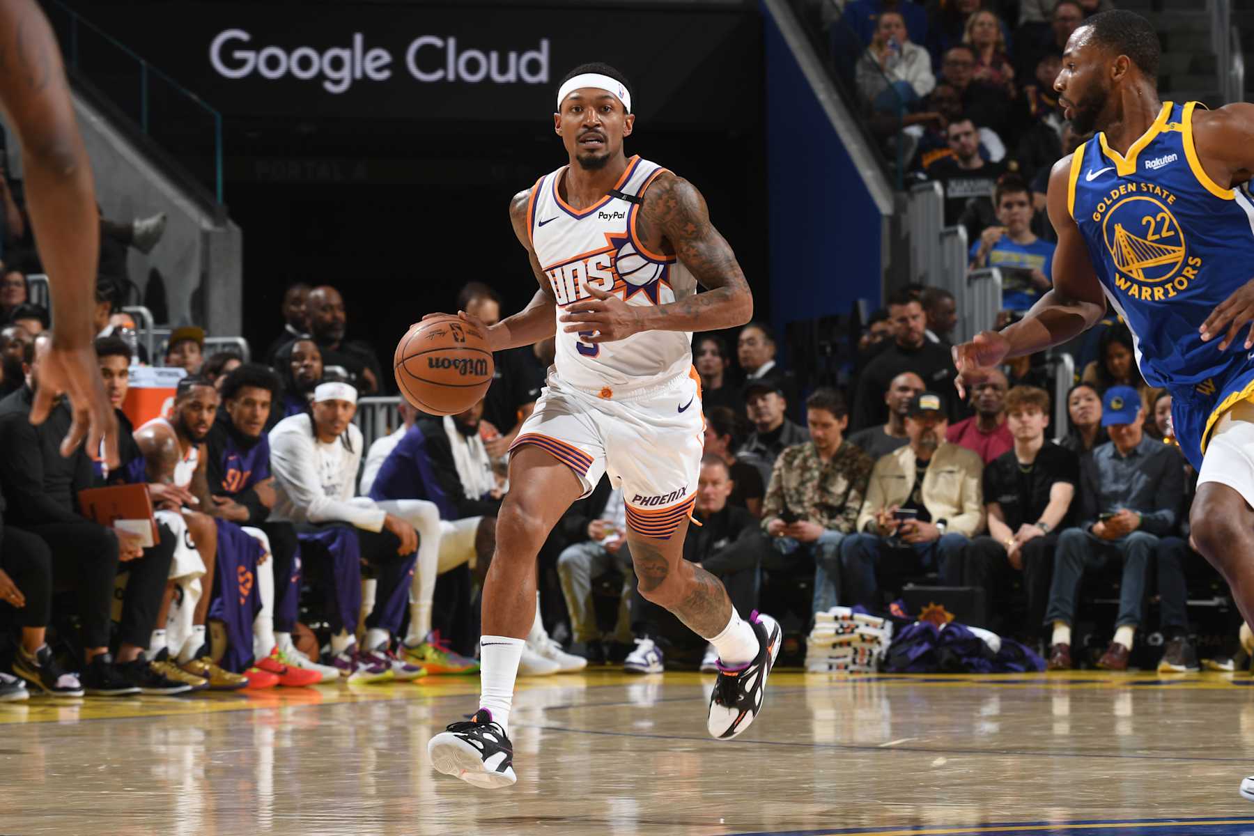SAN FRANCISCO, CA - DECEMBER 28: Bradley Beal #3 of the Phoenix Suns dribbles the ball during the game against the Golden State Warriors on December 28, 2024 at Chase Center in San Francisco, California. NOTE TO USER: User expressly acknowledges and agrees that, by downloading and or using this photograph, user is consenting to the terms and conditions of Getty Images License Agreement. Mandatory Copyright Notice: Copyright 2024 NBAE (Photo by Noah Graham/NBAE via Getty Images)