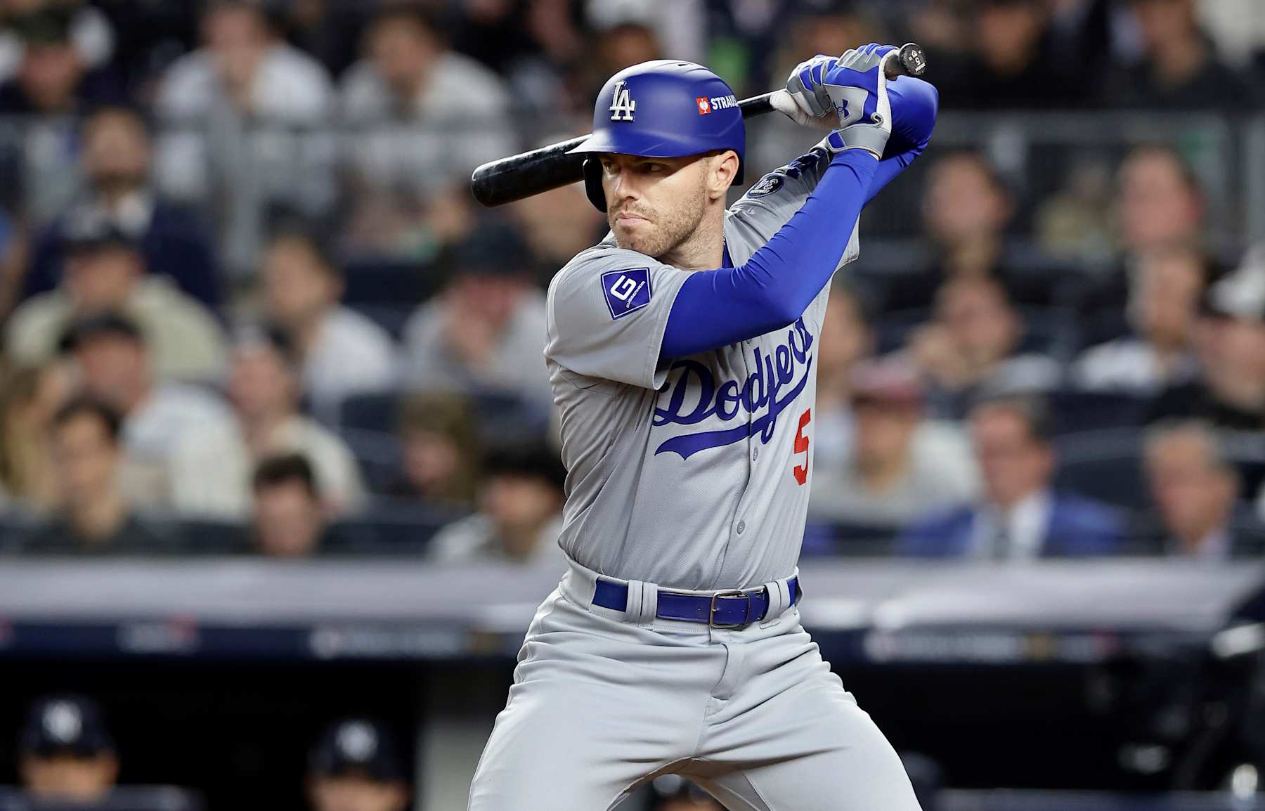 NEW YORK, NEW YORK - OCTOBER 30: (NEW YORK DAILIES OUT)  Freddie Freeman #5 of the Los Angeles Dodgers in action against the New York Yankees during Game Five of the 2024 World Series at Yankee Stadium on October 30, 2024 in New York City. The Dodgers defeated the Yankees 7-6. (Photo by Jim McIsaac/Getty Images)