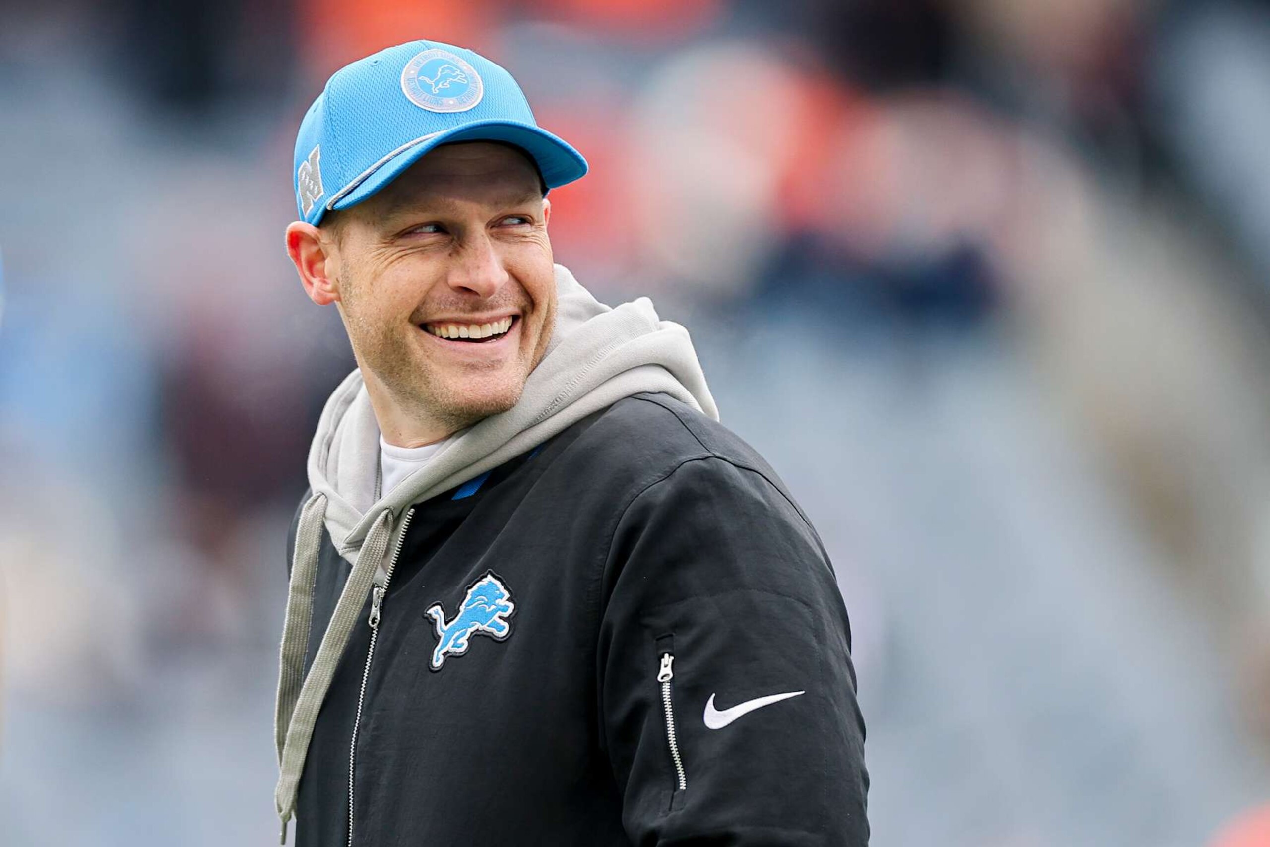 CHICAGO, ILLINOIS - DECEMBER 22: Offensive coordinator Ben Johnson of the Detroit Lions looks on before the game against the Chicago Bears at Soldier Field on December 22, 2024 in Chicago, Illinois. (Photo by Michael Reaves/Getty Images)