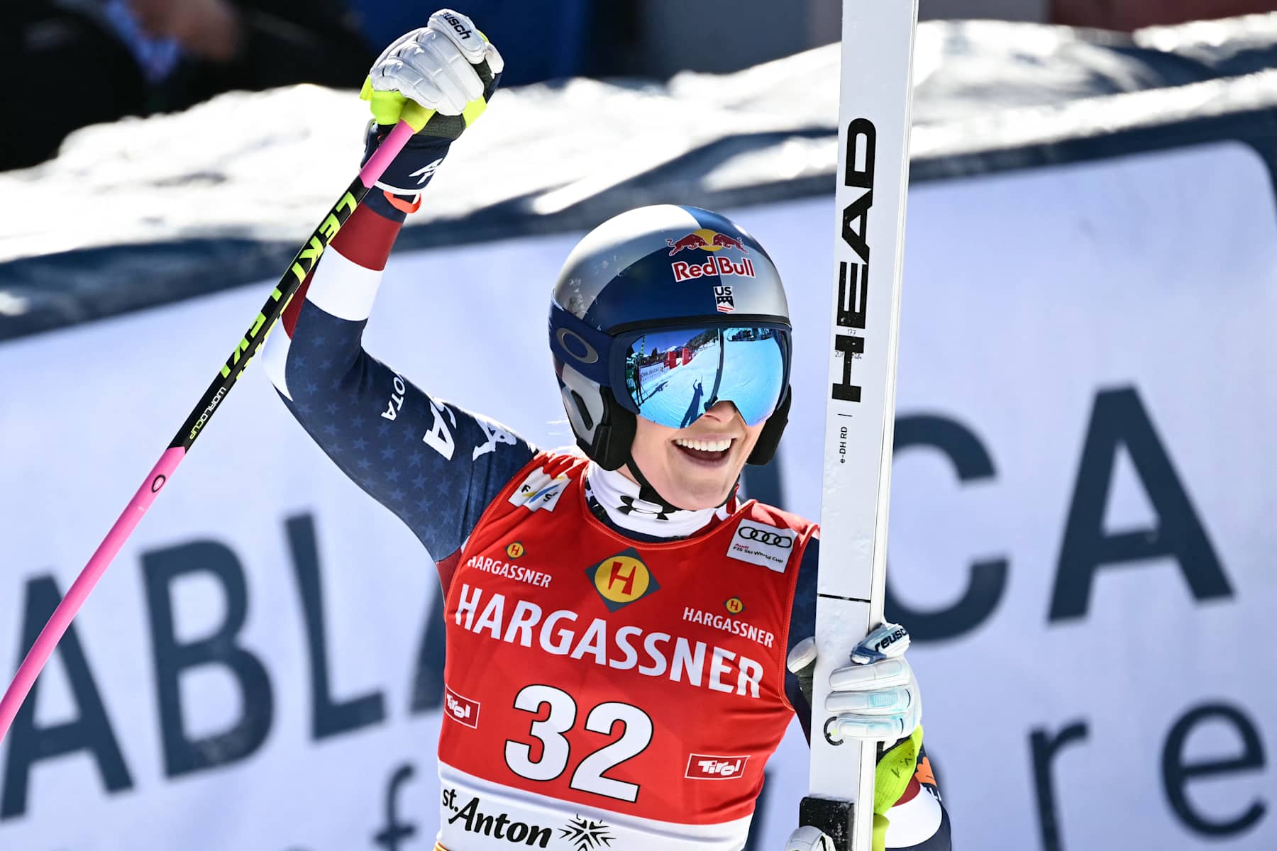 USA's Lindsey Vonn reacts after her run in the Women's Downhill race as part of the FIS Alpine Ski World Cup in Sankt Anton am Arlberg, Austria, on January 11, 2025. (Photo by Joe Klamar / AFP) (Photo by JOE KLAMAR/AFP via Getty Images)