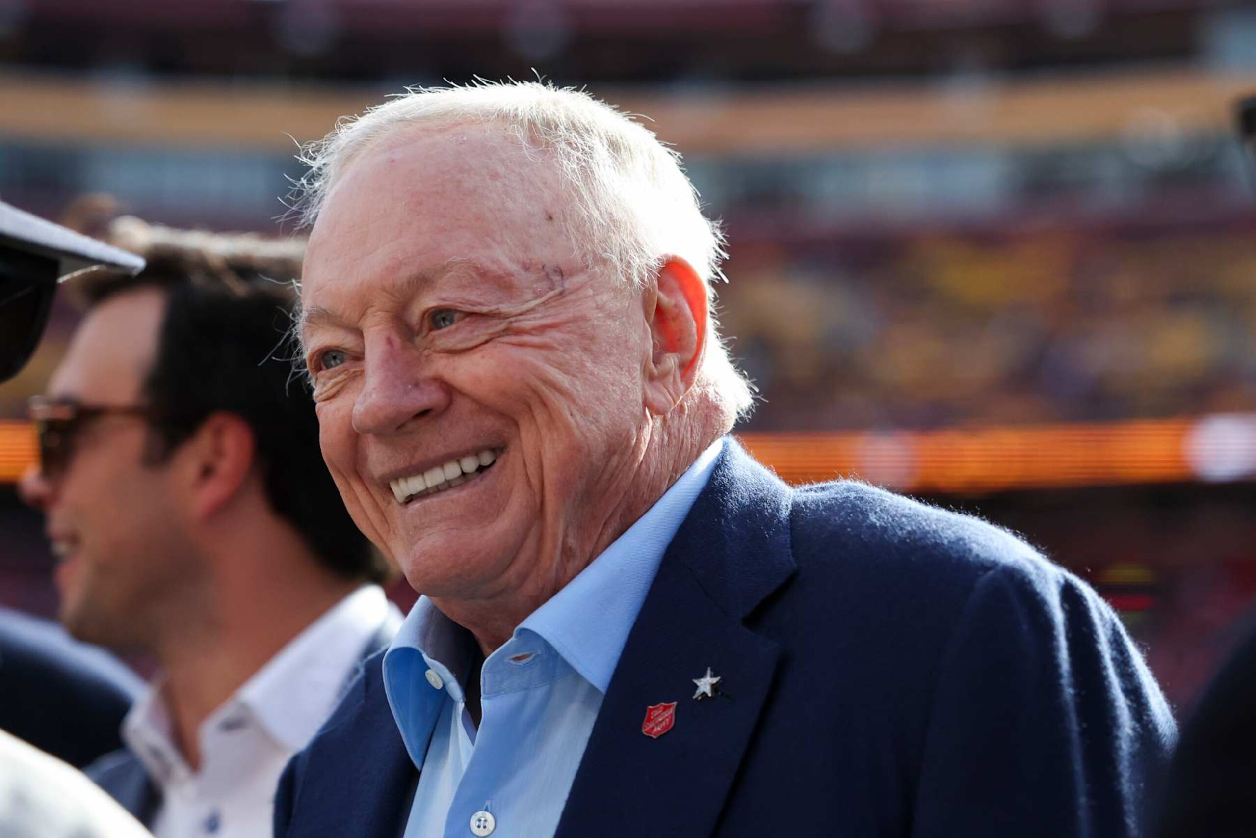 LANDOVER, MARYLAND - NOVEMBER 24: Jerry Jones, owner of the Dallas Cowboys, is seen on the field prior to a game against the Washington Commanders at Northwest Stadium on November 24, 2024 in Landover, Maryland. The Cowboys defeated the Commanders 34-26. (Kara Durrette/Getty Images) LANDOVER, MARYLAND - NOVEMBER 24: Jerry Jones, owner of the Dallas Cowboys, is seen on the field prior to a game against the Washington Commanders at Northwest Stadium on November 24, 2024 in Landover, Maryland. The Cowboys defeated the Commanders 34-26. (Kara Durrette/Getty Images)