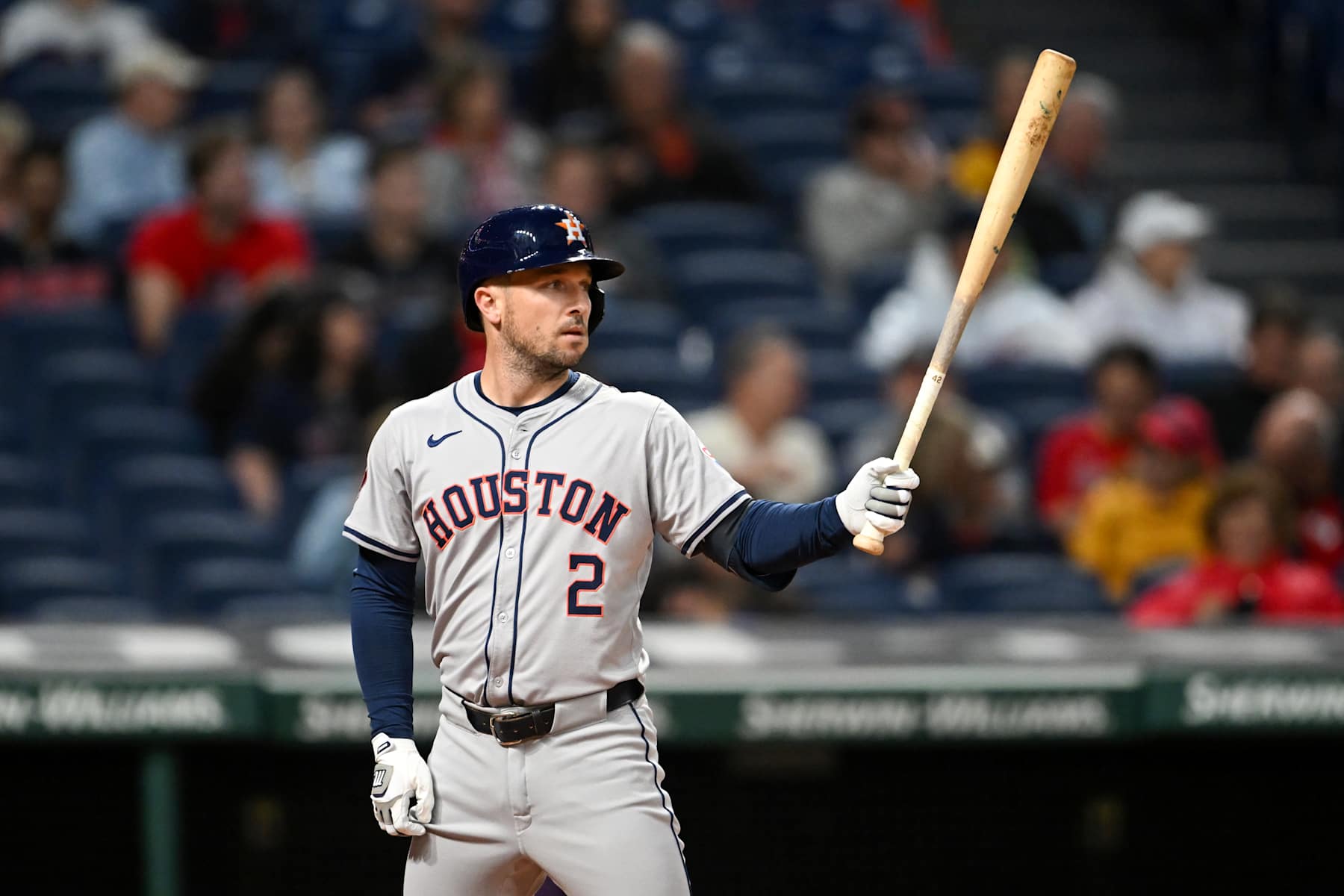 CLEVELAND, OHIO - SEPTEMBER 27: Alex Bregman #2 of the Houston Astros bats during the first inning against the Cleveland Guardians at Progressive Field on September 27, 2024 in Cleveland, Ohio. (Photo by Nick Cammett/Diamond Images via Getty Images)