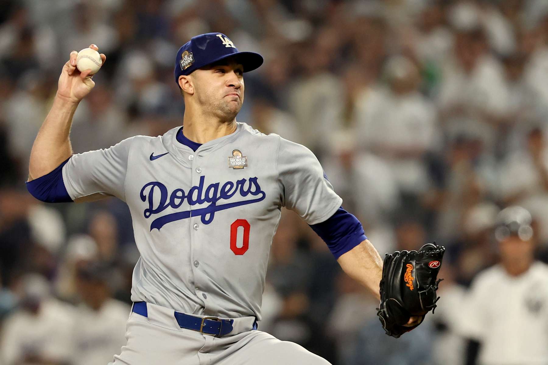 BRONX, NEW YORK - OCTOBER 30, 2024: Los Angeles Dodgers pitcher Jack Flaherty (0) pitches in the first inning. Game 5 of the World Series against the Yankees at Yankees Stadium in New York City Tuesday, October 29 2024. (Robert Gauthier/Los Angeles Times via Getty Images)