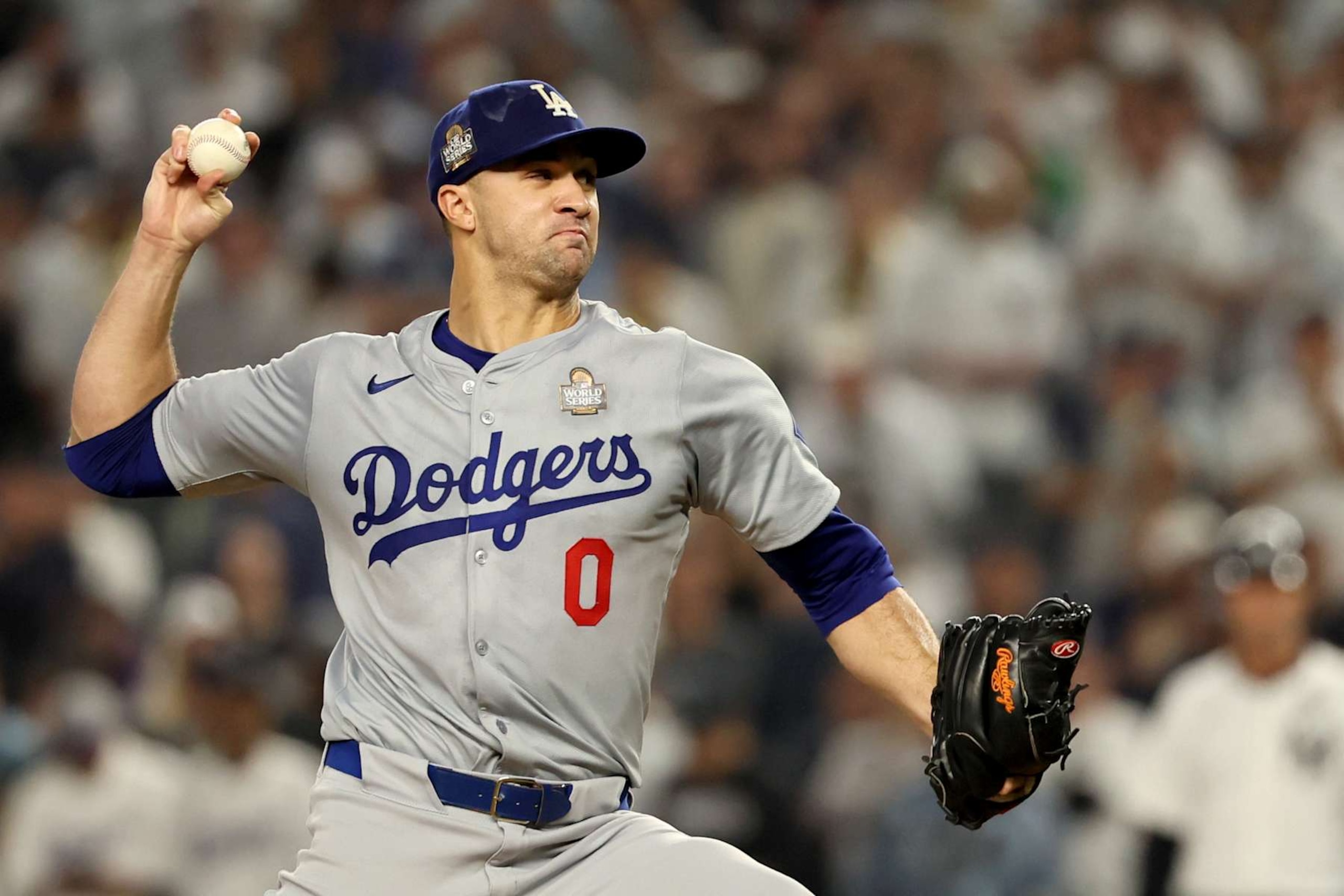 BRONX, NEW YORK - OCTOBER 30, 2024: Los Angeles Dodgers pitcher Jack Flaherty (0) pitches in the first inning. Game 5 of the World Series against the Yankees at Yankees Stadium in New York City Tuesday, October 29 2024. (Robert Gauthier/Los Angeles Times via Getty Images) BRONX, NEW YORK - OCTOBER 30, 2024: Los Angeles Dodgers pitcher Jack Flaherty (0) pitches in the first inning. Game 5 of the World Series against the Yankees at Yankees Stadium in New York City Tuesday, October 29 2024. (Robert Gauthier/Los Angeles Times via Getty Images)