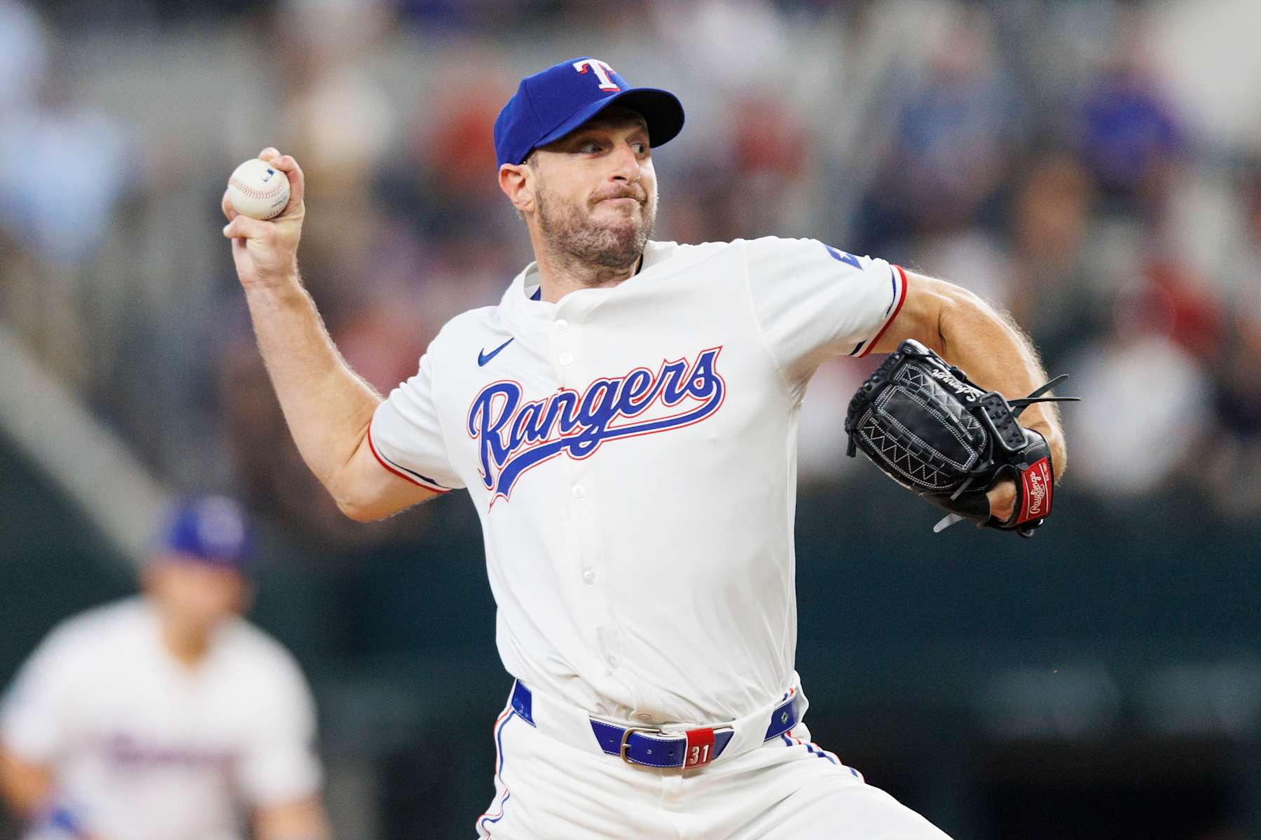 ARLINGTON, TX - JULY 25: Max Scherzer #31 of the Texas Rangers pitches during a game against the Chicago White Sox at Globe Life Field on July 25, 2024 in Arlington, Texas. (Photo by Gunnar Word/Texas Rangers/Getty Images)