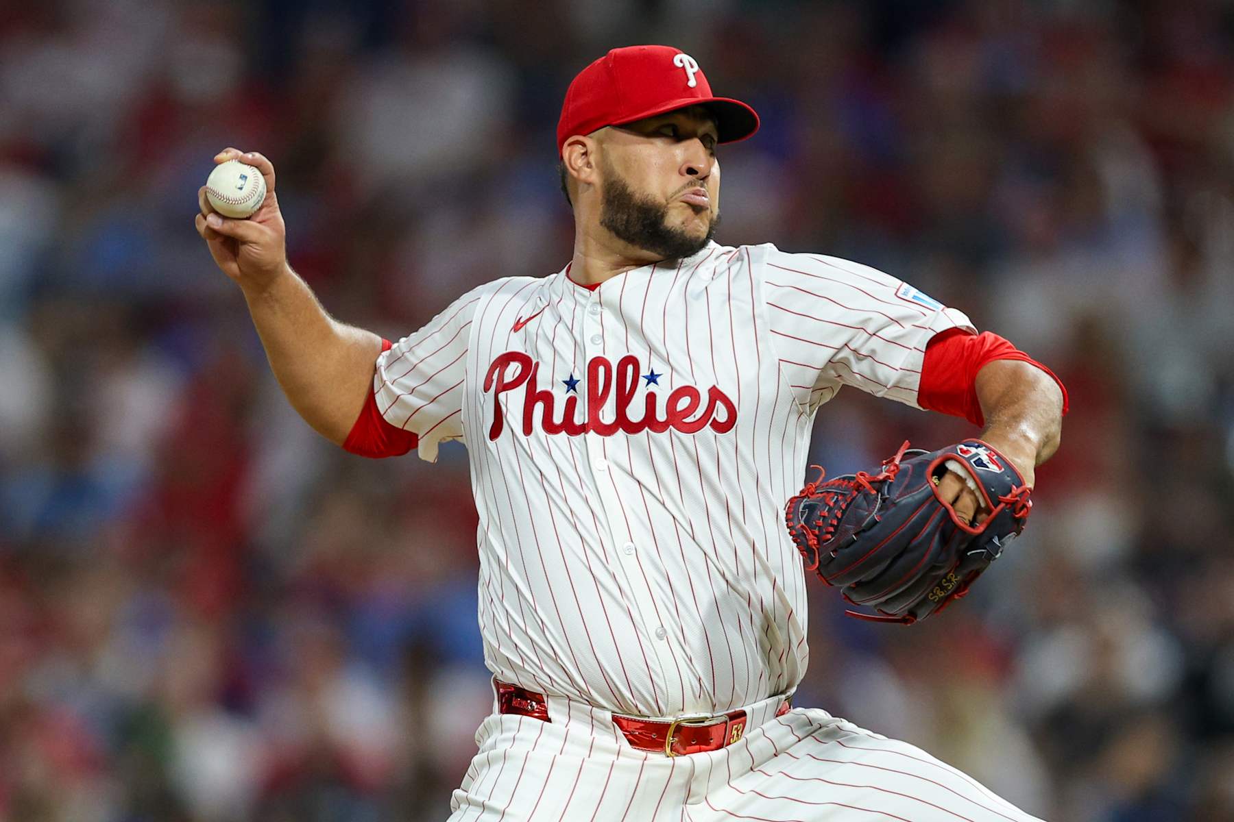 PHILADELPHIA, PENNSYLVANIA - AUGUST 26: Carlos Estévez #53 of the Philadelphia Phillies delivers a pitch against the Houston Astros in the ninth inning at Citizens Bank Park on August 26, 2024 in Philadelphia, Pennsylvania. The Phillies won 3-2. (Photo by Heather Barry/Getty Images)
