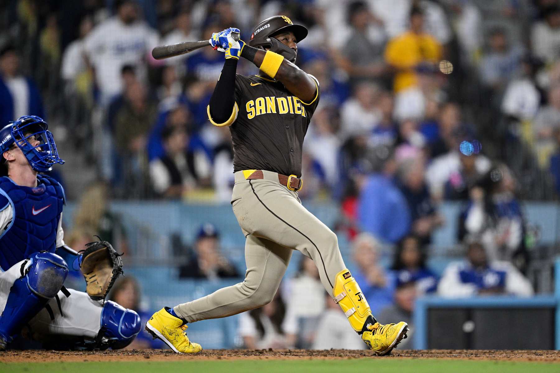 LOS ANGELES, CALIFORNIA - OCTOBER 06: Jurickson Profar #10 of the San Diego Padres flies out in the eighth inning against the Los Angeles Dodgers during Game Two of the Division Series at Dodger Stadium on October 06, 2024 in Los Angeles, California. (Photo by Orlando Ramirez/Getty Images)